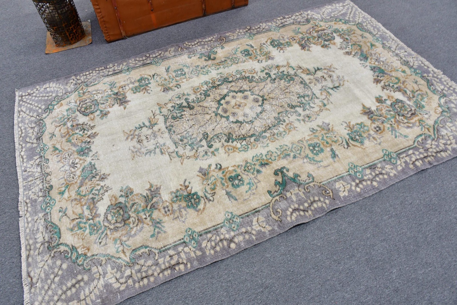 Turkish Vintage Area Rug 4,4×7 ft, Gray Blue Handmade Wool Rug