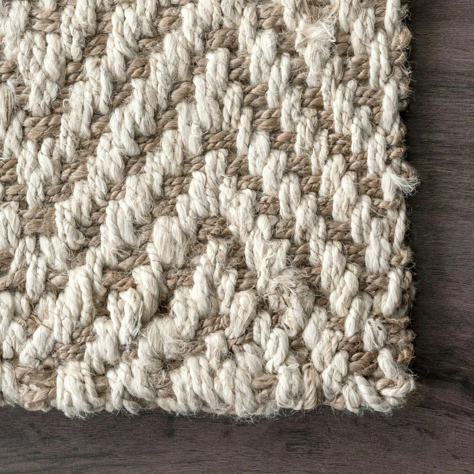 Hand Made Natural Jute and Wool Blend Area Rug with Fringe in Tan