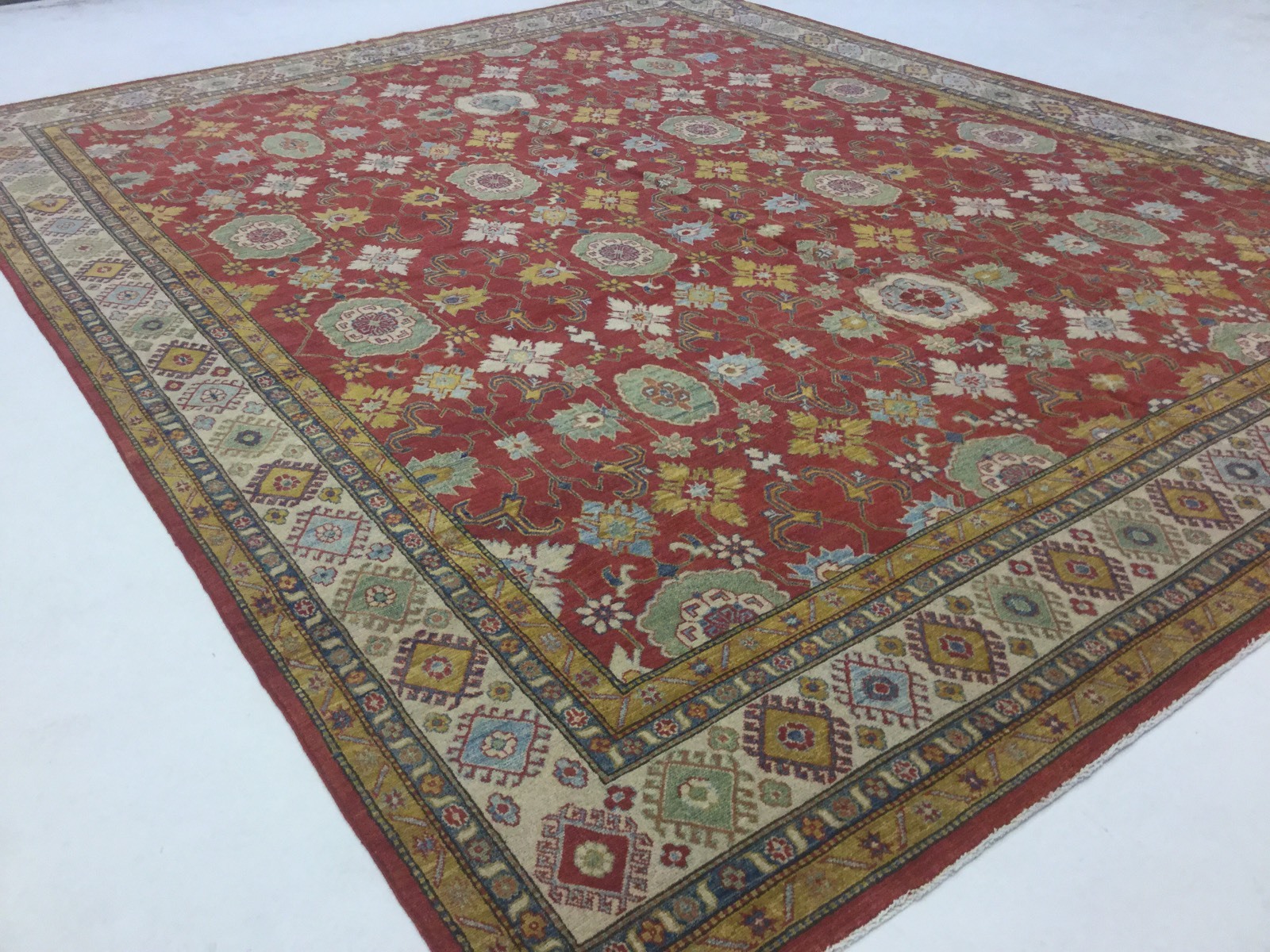 12′.9″ X 16′.3″ Red Beige Very Fine Geometric Oriental Large Wool Rug Handmade