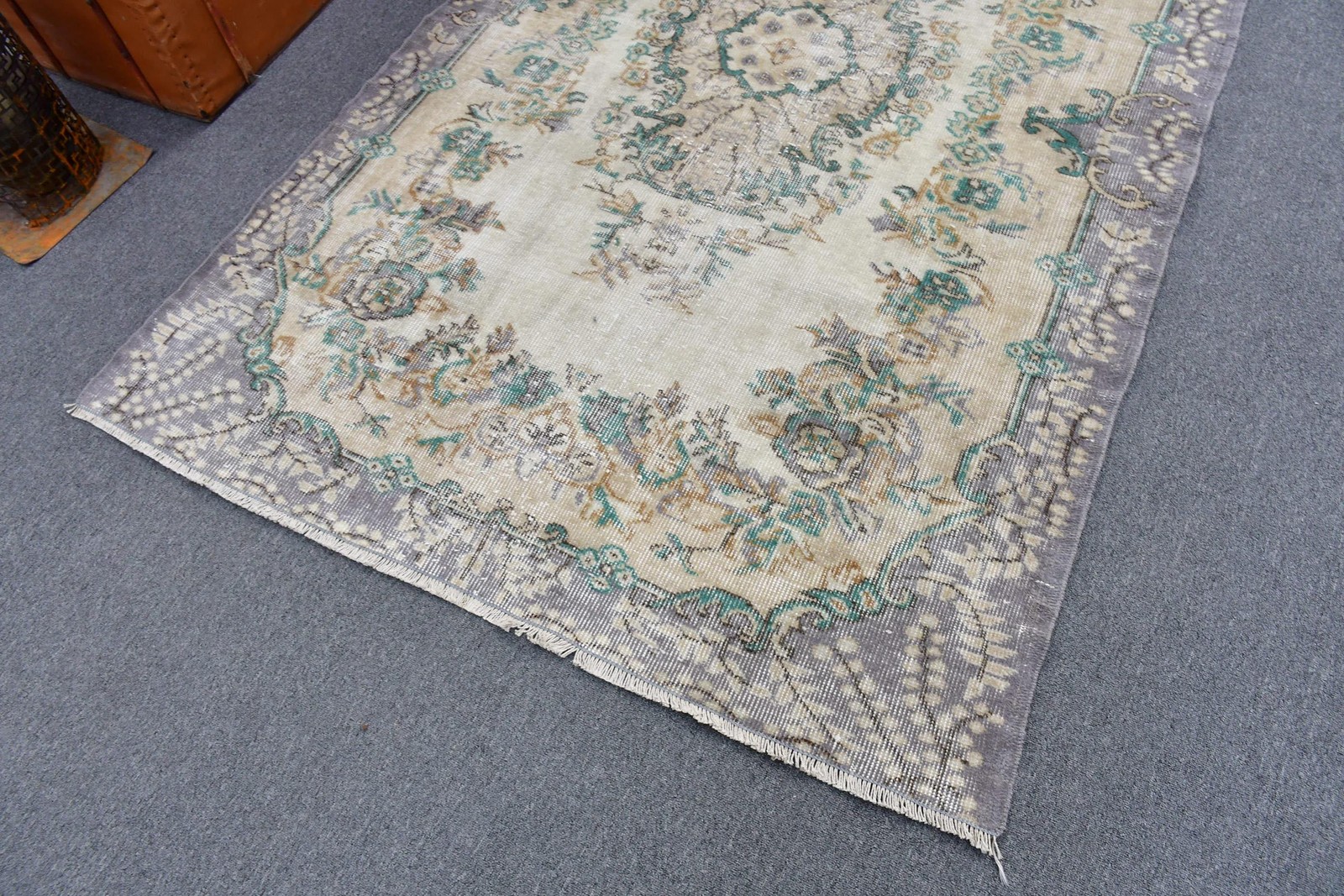 Turkish Vintage Area Rug 4,4×7 ft, Gray Blue Handmade Wool Rug