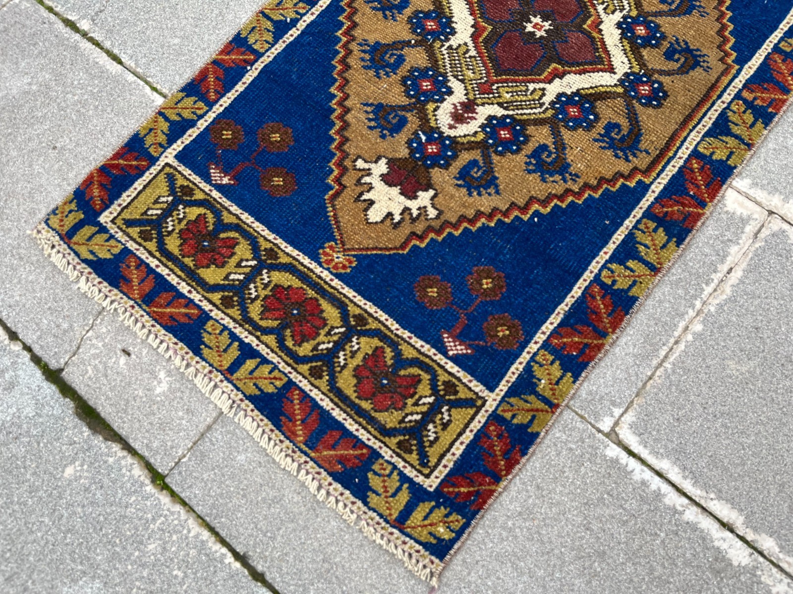 Vintage Oushak Rug 1.9×3.6 ft Small Turkish Indigo Blue Boho Tribal Mat