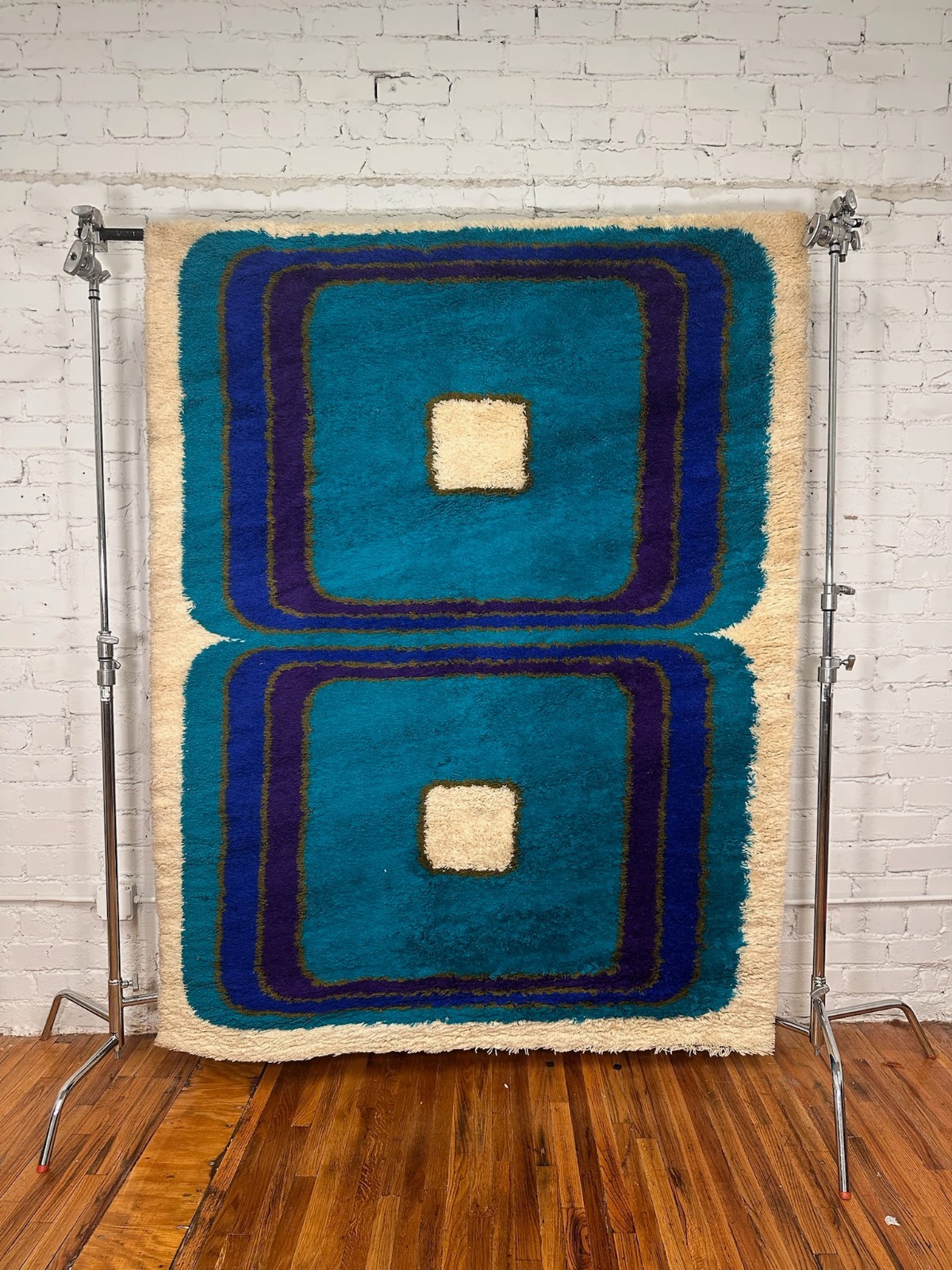 60’s HOJER EKSPORT 2 Square Blue Purple UNUSED Rya Rug Danish Modern Mid Century