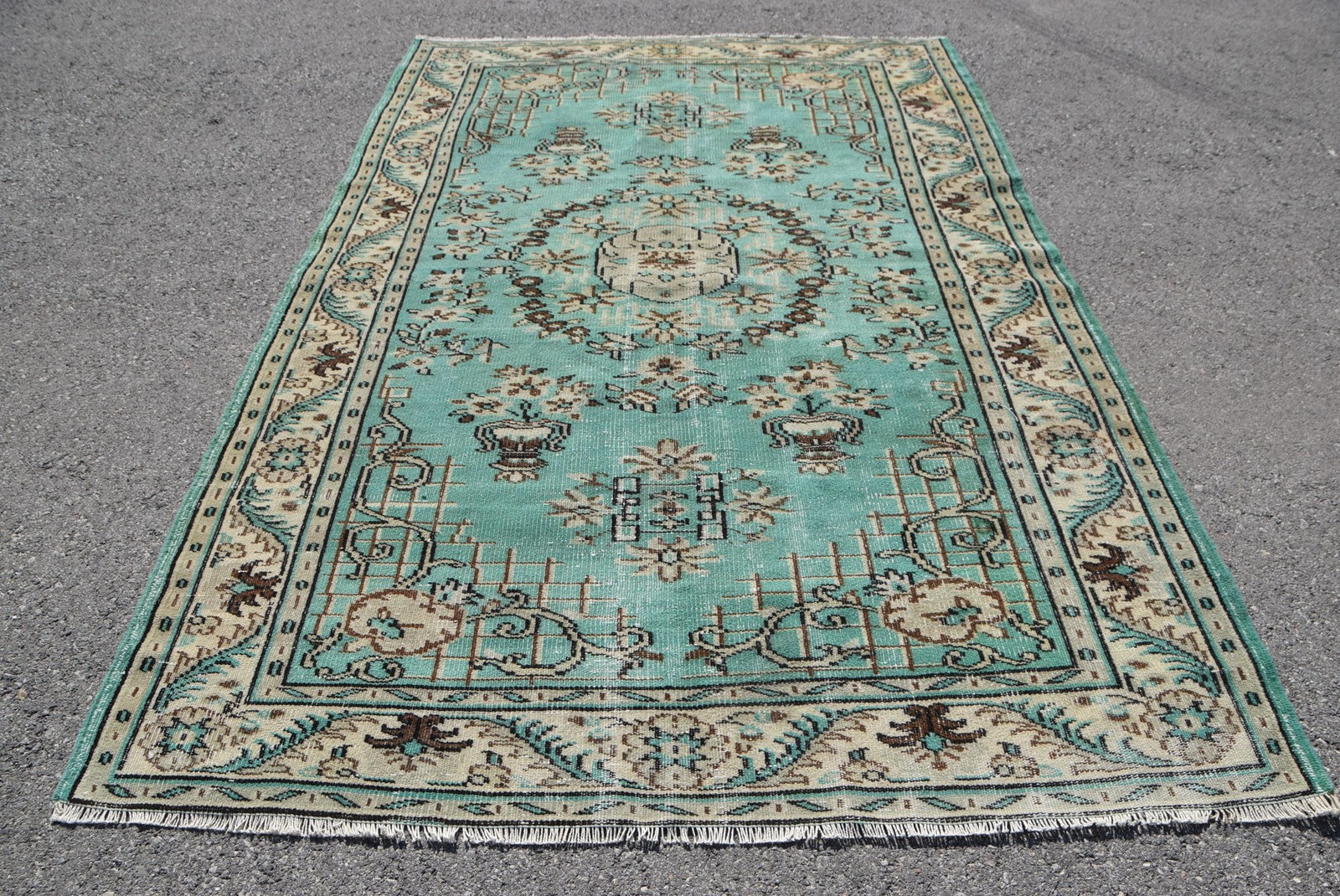 Turkish Vintage Rug, Large 5,9×9 ft (179×274 cm) Rug, Green Striped Wool Rug