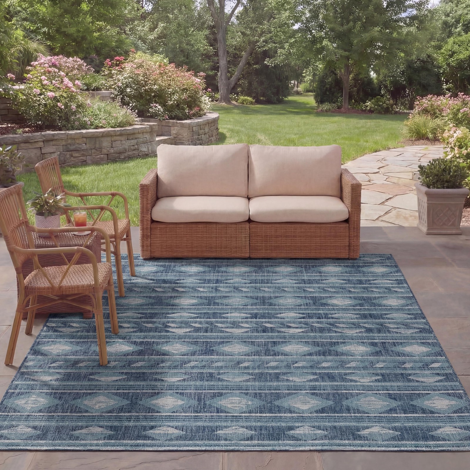 Courtyard Collection 8′ x 10′ Navy / Aqua CY8529 Indoor/ Outdoor Waterproof E…
