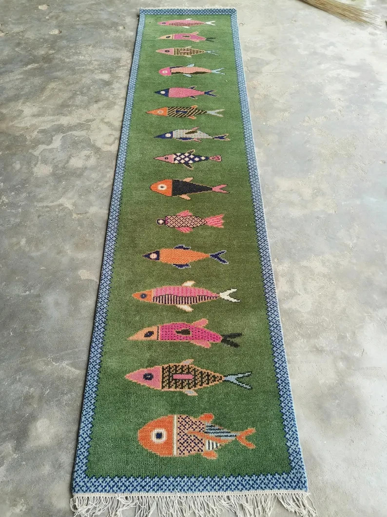 Koi Fish Runner Rug: Green Colorful Carpet Handmade Wool Area Rug
