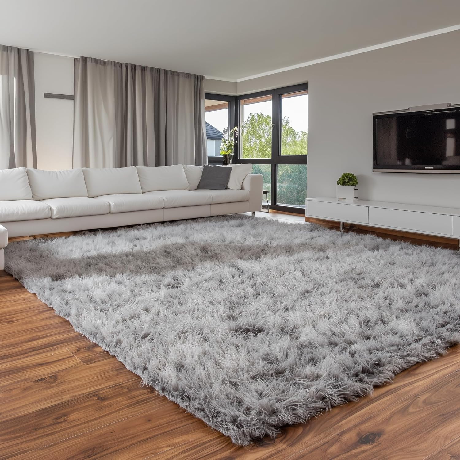 Ultra Soft & Fluffy Faux Sheepskin Rug, Gray 8 X 10 Feet Carpet for Bedroom Livi