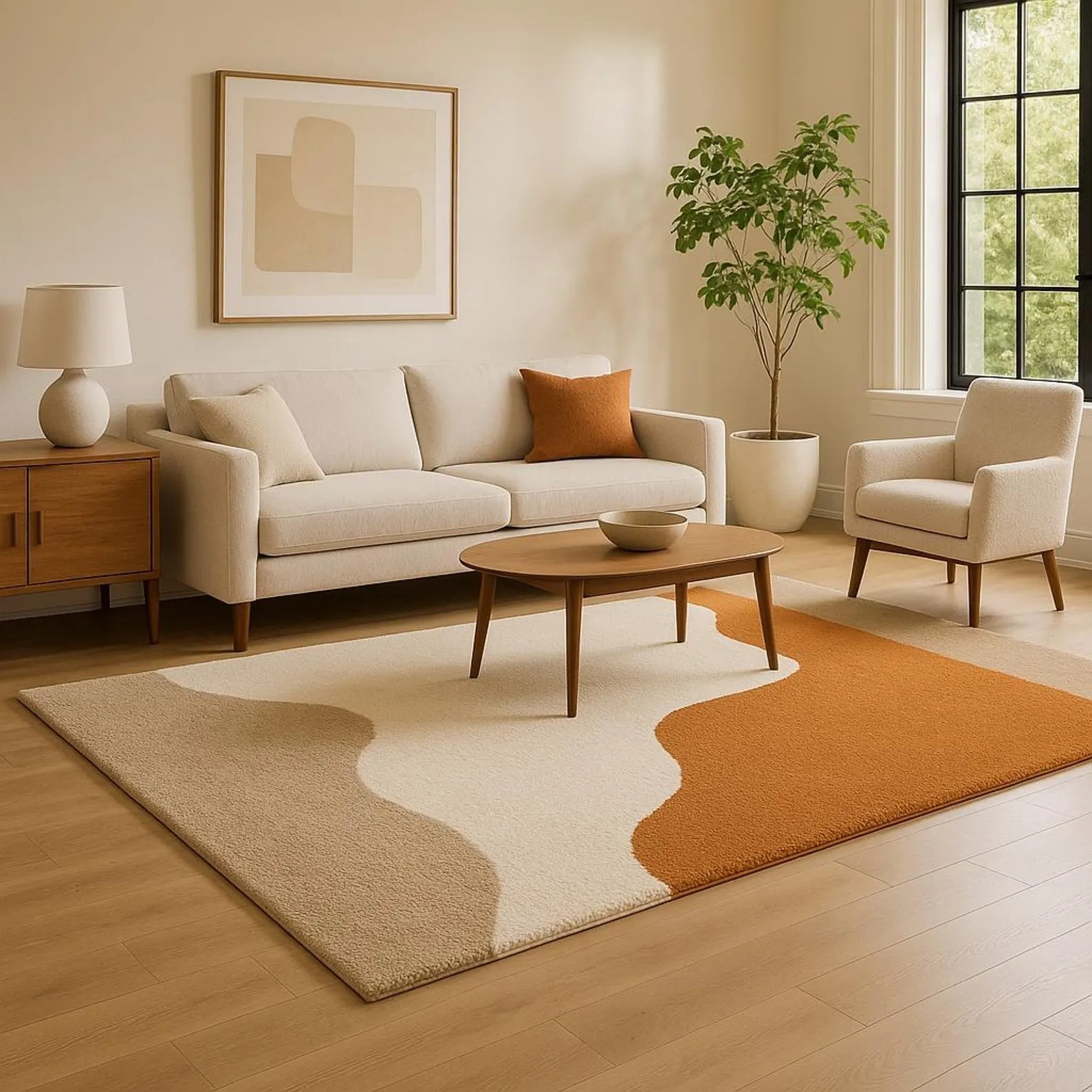 Hand Tufted Modern Abstract Area Rug Beige, Cream & Burnt Orange Wavy Carpet Rug