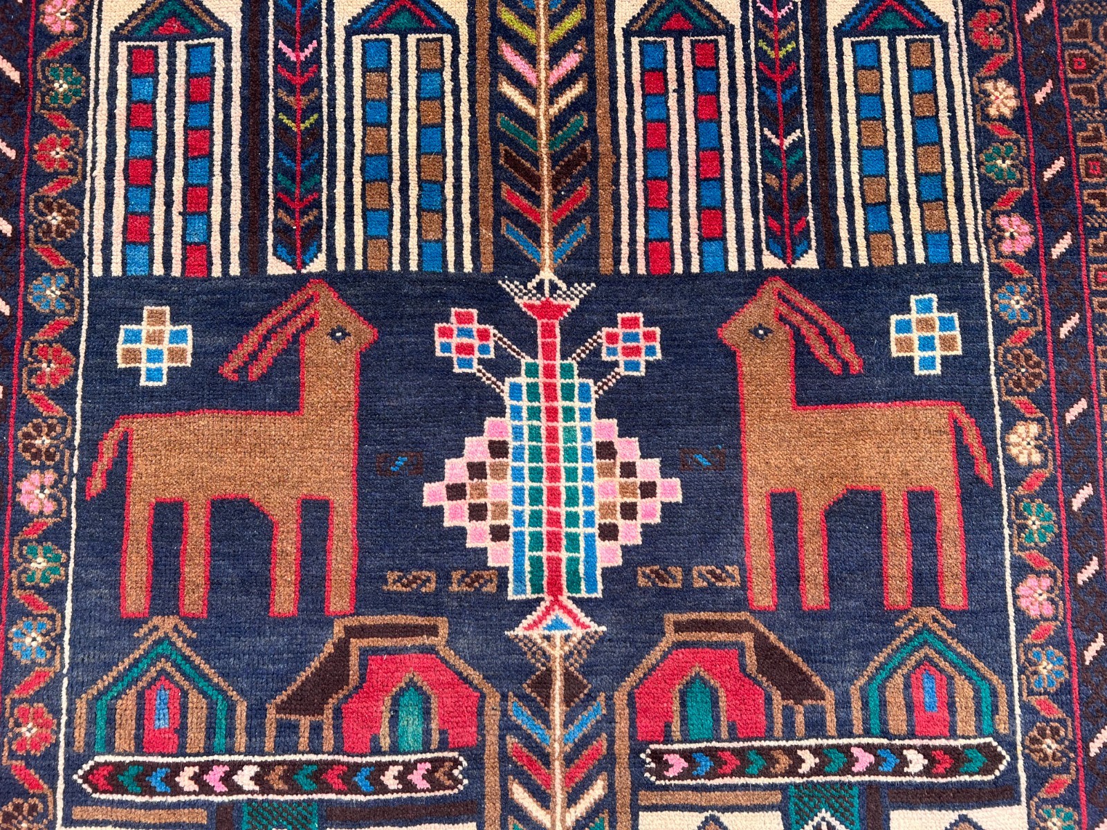3×6 Rare Baluchi Pictorial Rug Afghan Wool Carpet Animal Village Folk Art Decor