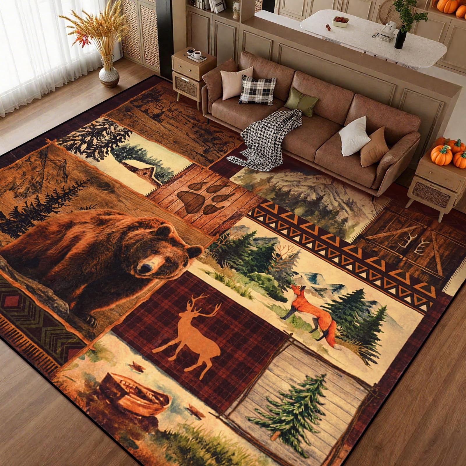 Rustic Area Rug 9×12, Lodge Bear Moose Deer Cabin Rugs for Living Room, Low P…