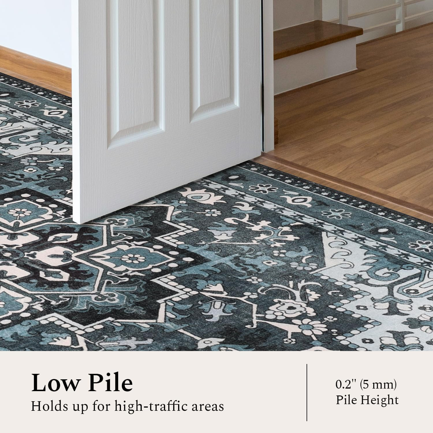 Machine Washable Dark Navy Blue Area Rug – Soft Non-Slip Vintage Carpet 10×14