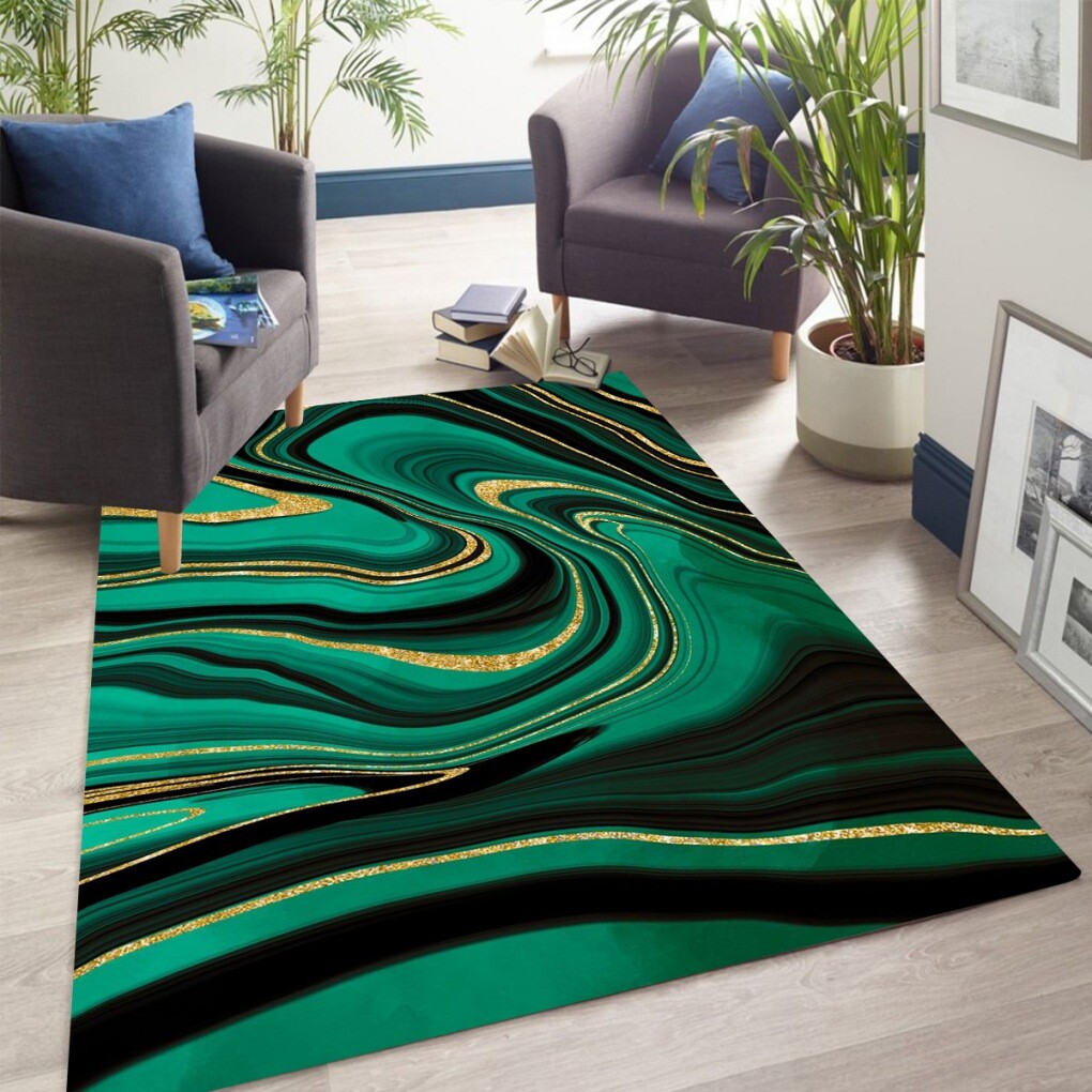Modern Abstract Marble Texture Rug Luxury Green Gold Wavy Striped Art Deco Rugs
