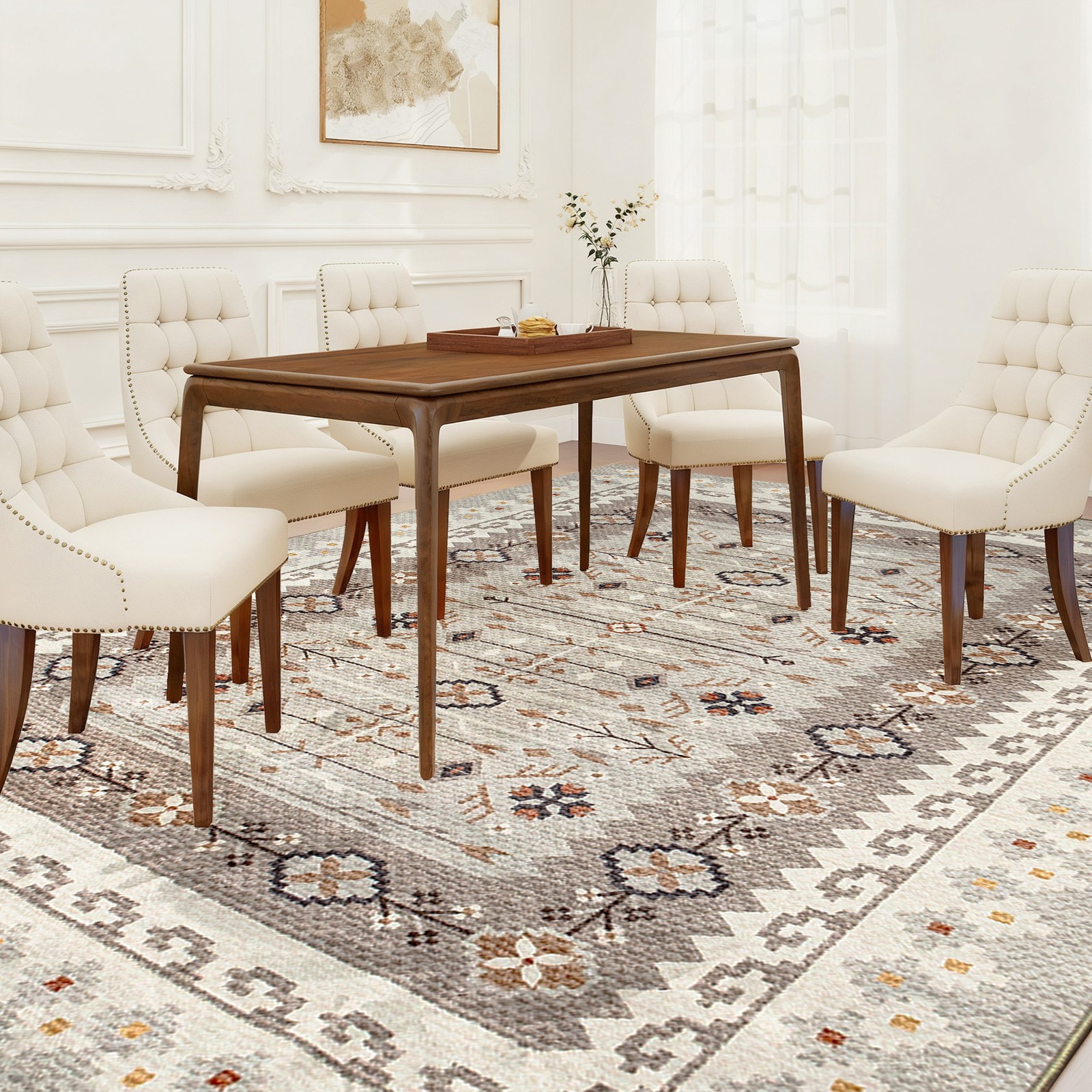 HOMCOM Area Rug 8×10, Non-Slip Boho Flannel Print Floor Carpet, Brown