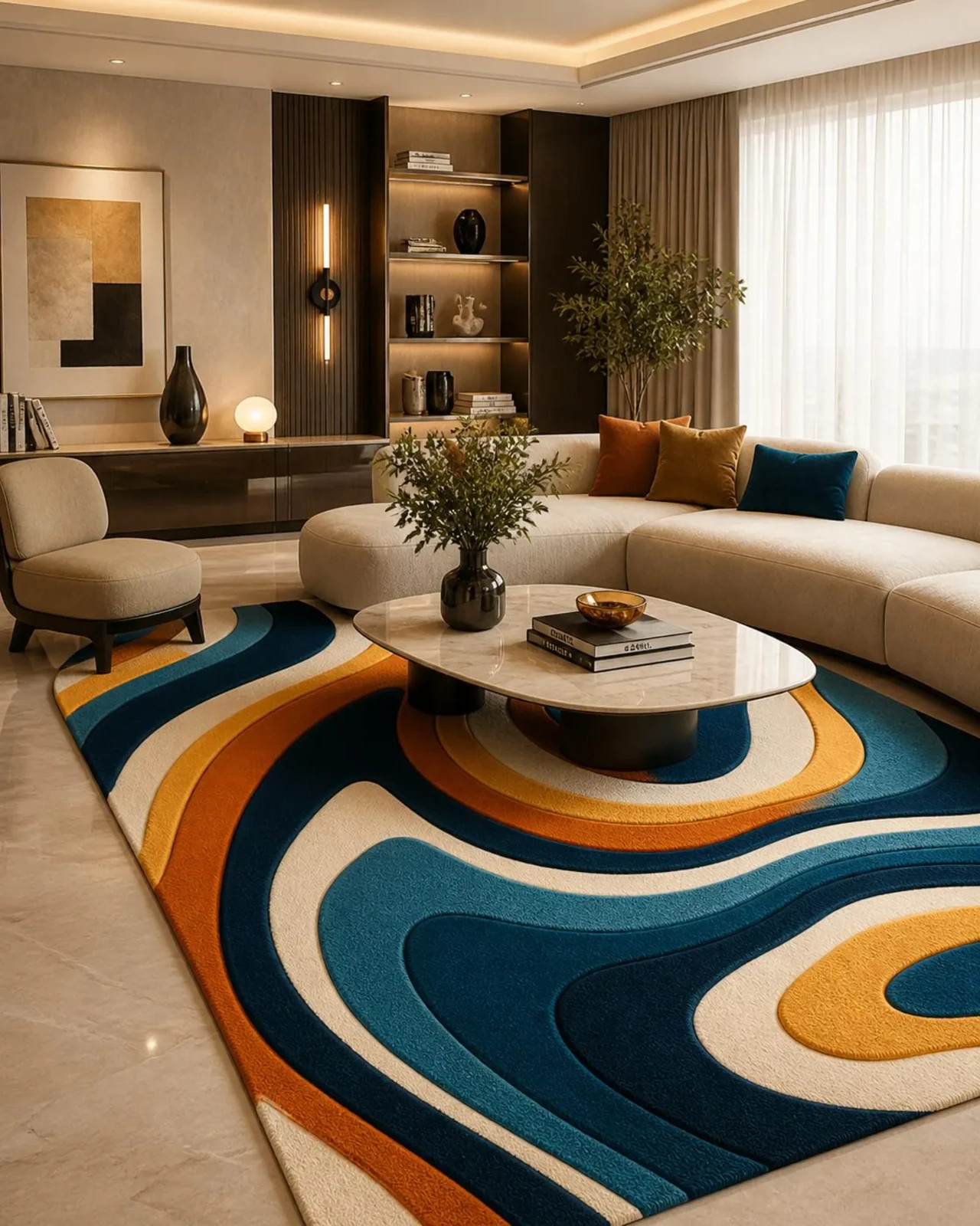 Modern Abstract Rug 8×10, Luxury Hand Tufted Wool Area Rug, Blue Orange Carpet