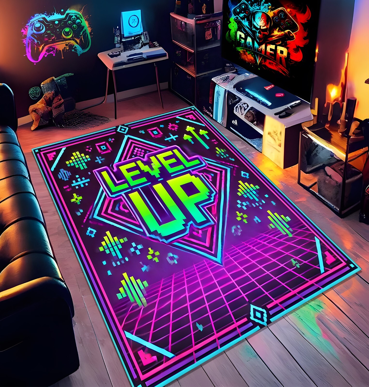 Neon Rug, Gaming Room Decor, Neon ‘Level Up’ Gaming Rug, Custom Purple GamerRoom