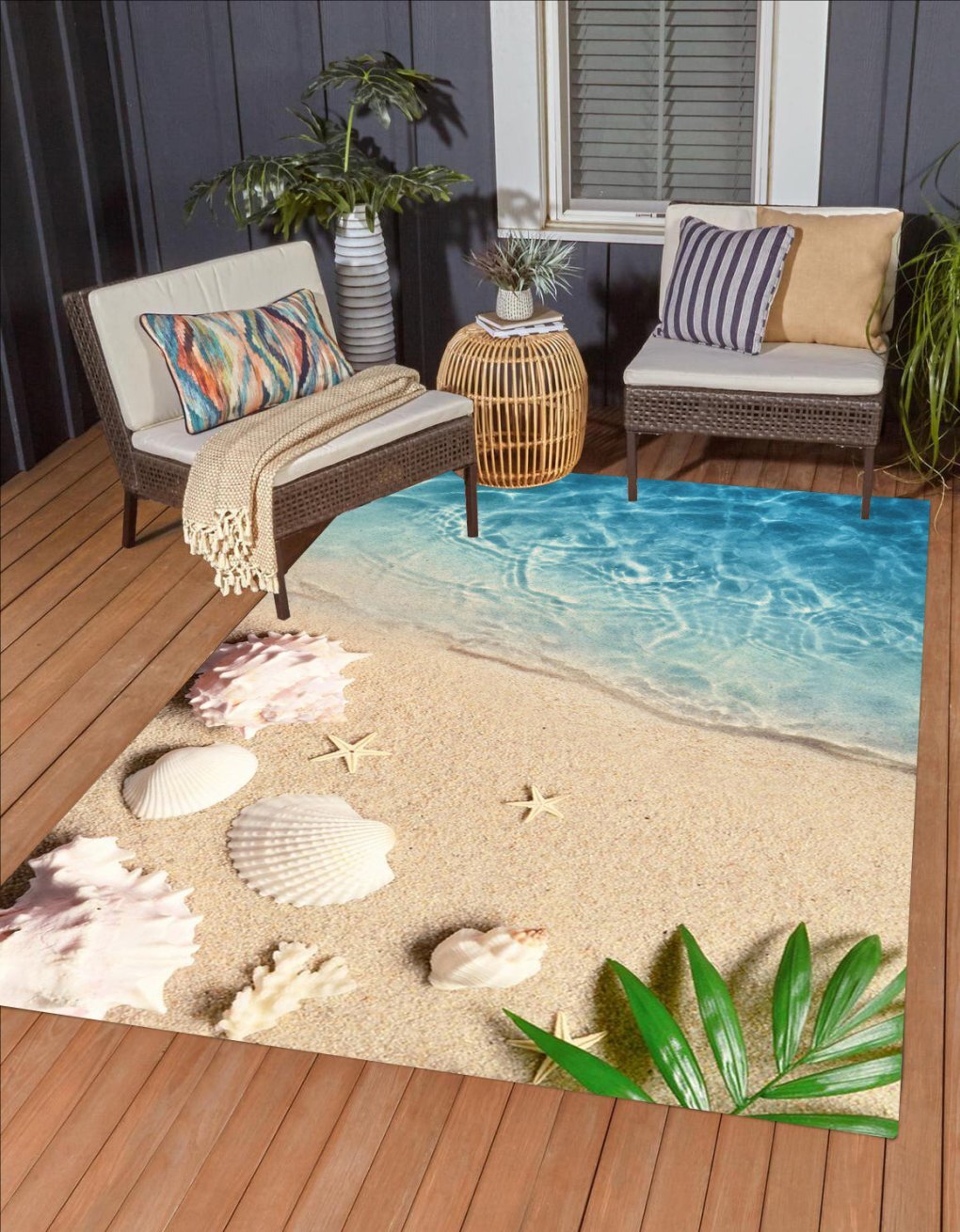 Summer Beach Theme Blue Ocean Print Outdoor Rug Vibrant Visual Funky Cute Carpet