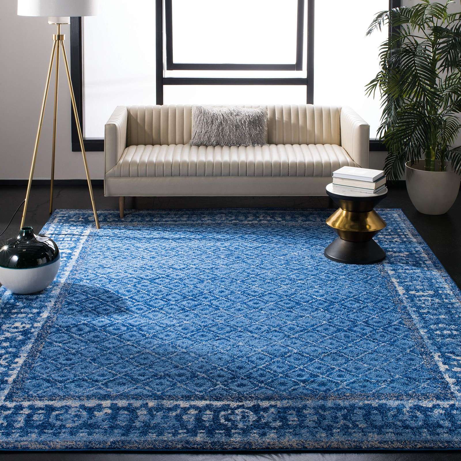 Adirondack Collection Area Rug – 6′ Square, Light Blue & Dark Blue, Distresse…