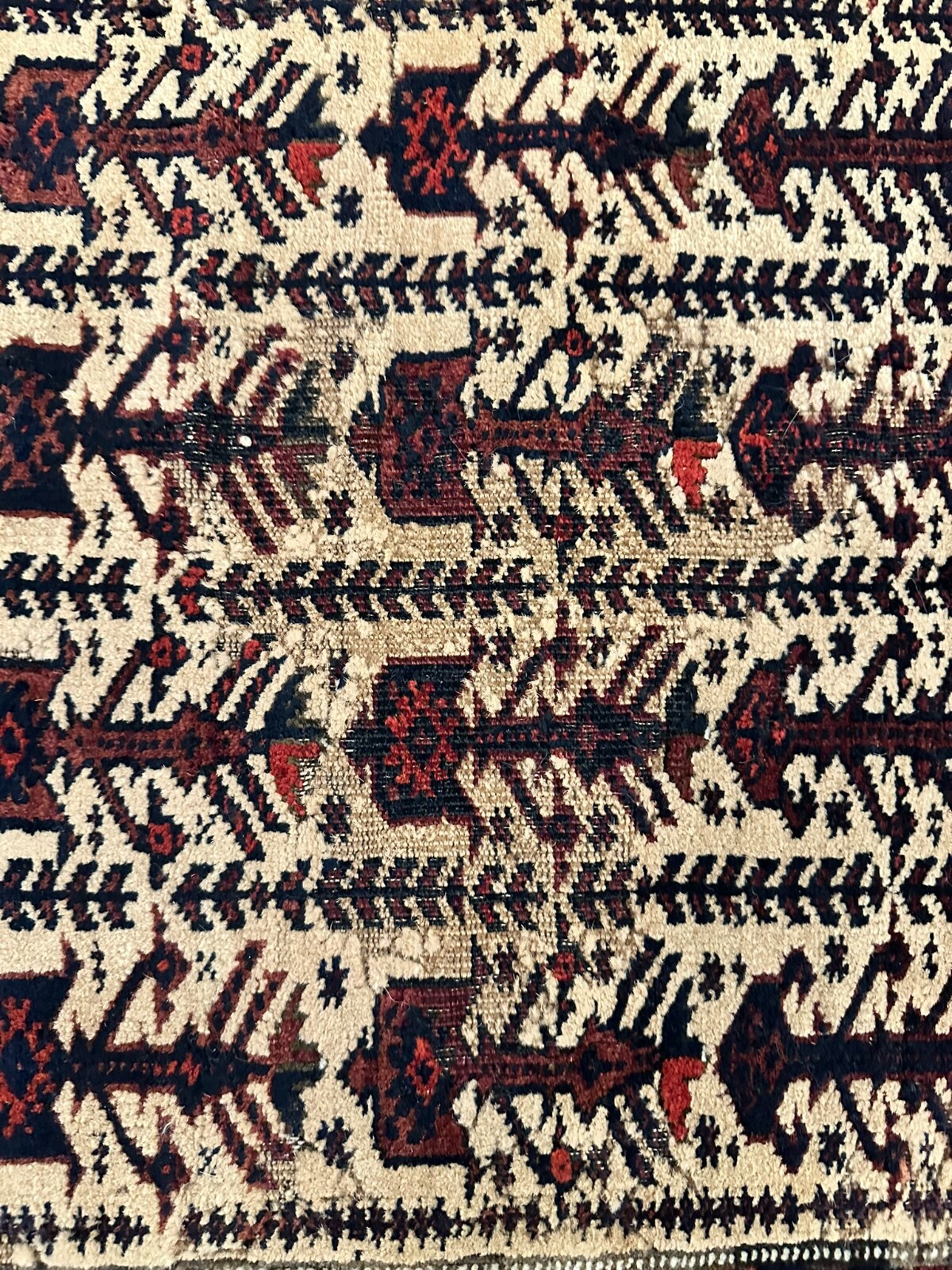 Area Rug. Afghan Early 20th Century. Cream, Dark Blue, Red. 50 1/2″ x 31 “