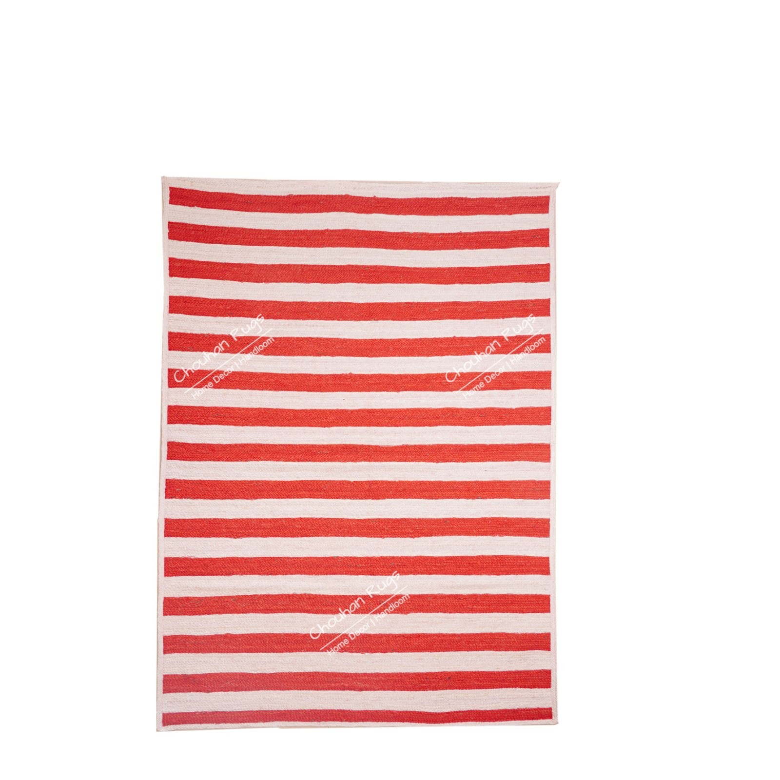 Handmade Rectangle Jute Rug White And Red Stripes Vintage Jute Boho Area Rugs