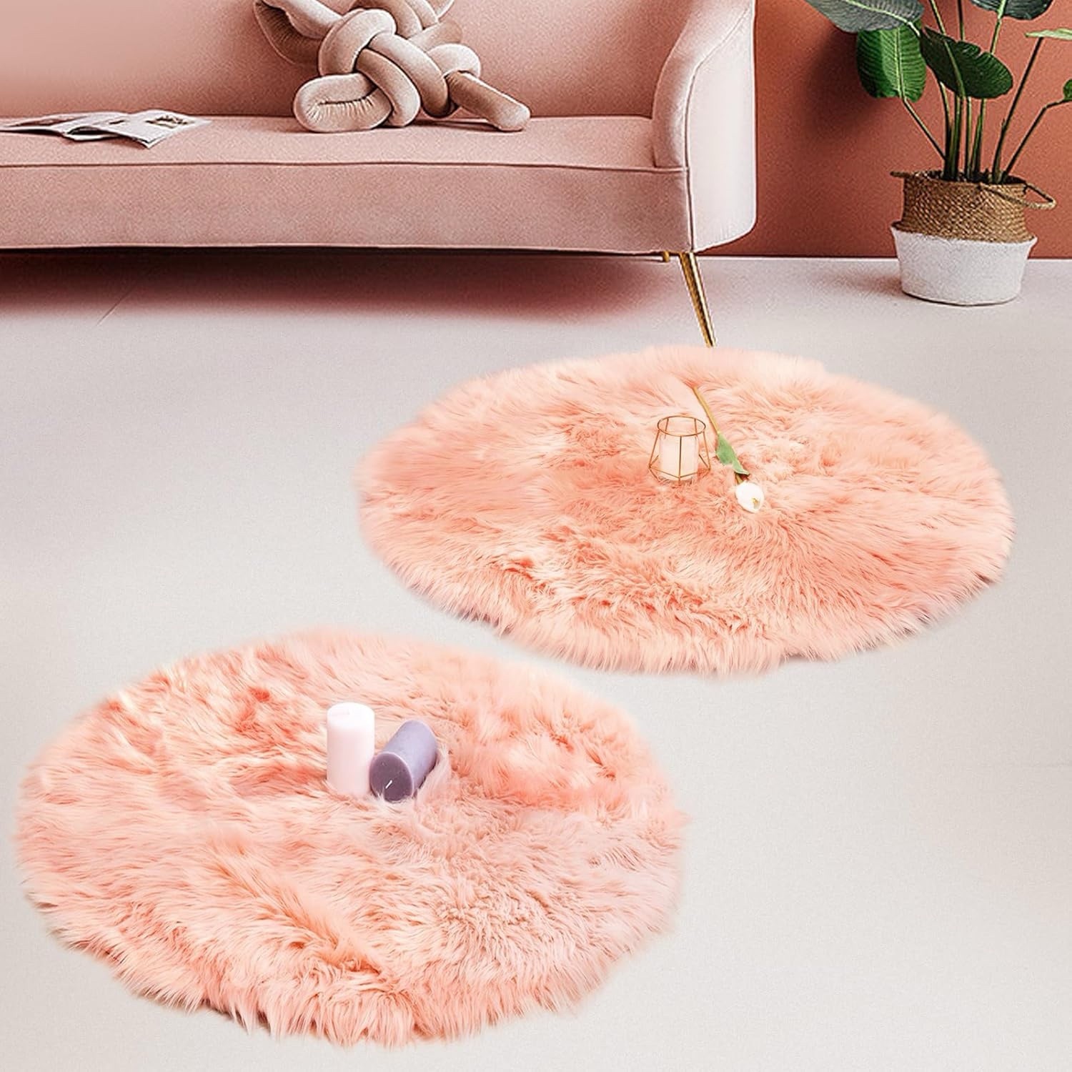 HYSEAS Faux Fur Area Rug 2 Pack 36×36 Round Plush Blush Pink Shag Rugs