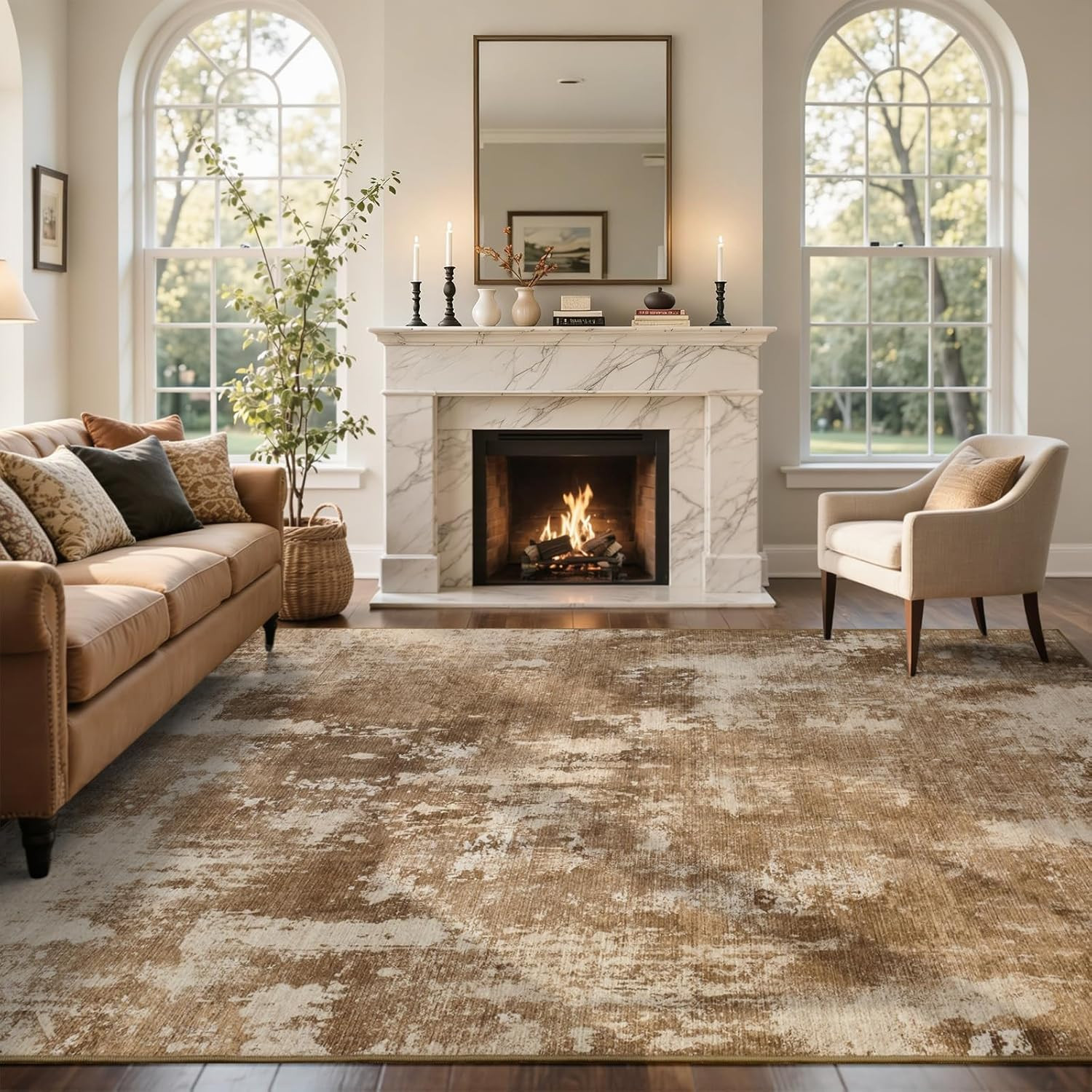 Large 8×10 Ft Soft Non-Slip Area Rug for Living Room – Modern Abstract Brown