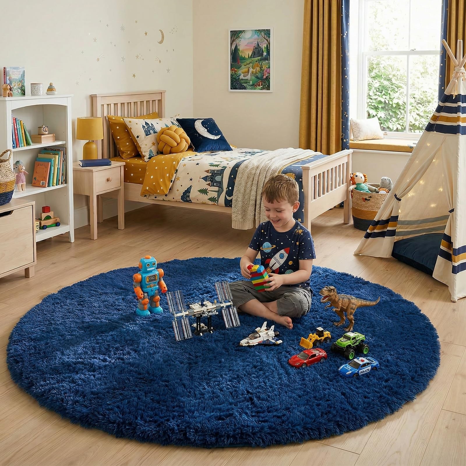 Navy Blue Round Rug 4Ft for Boys Room Bedroom, Circle Area Rugs for Kids Room…