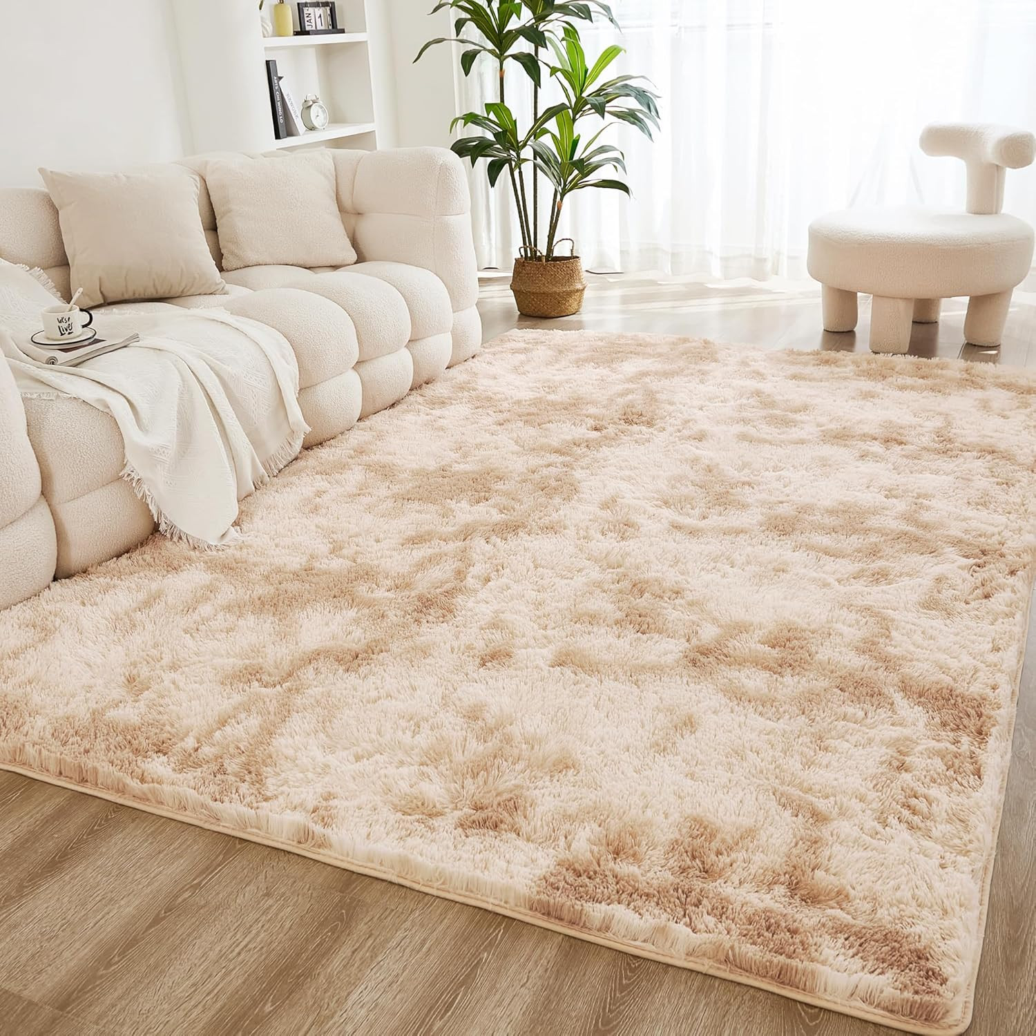 Cozy 9×12 Tie-Dyed Beige Shag Area Rug for Living Room & Bedroom