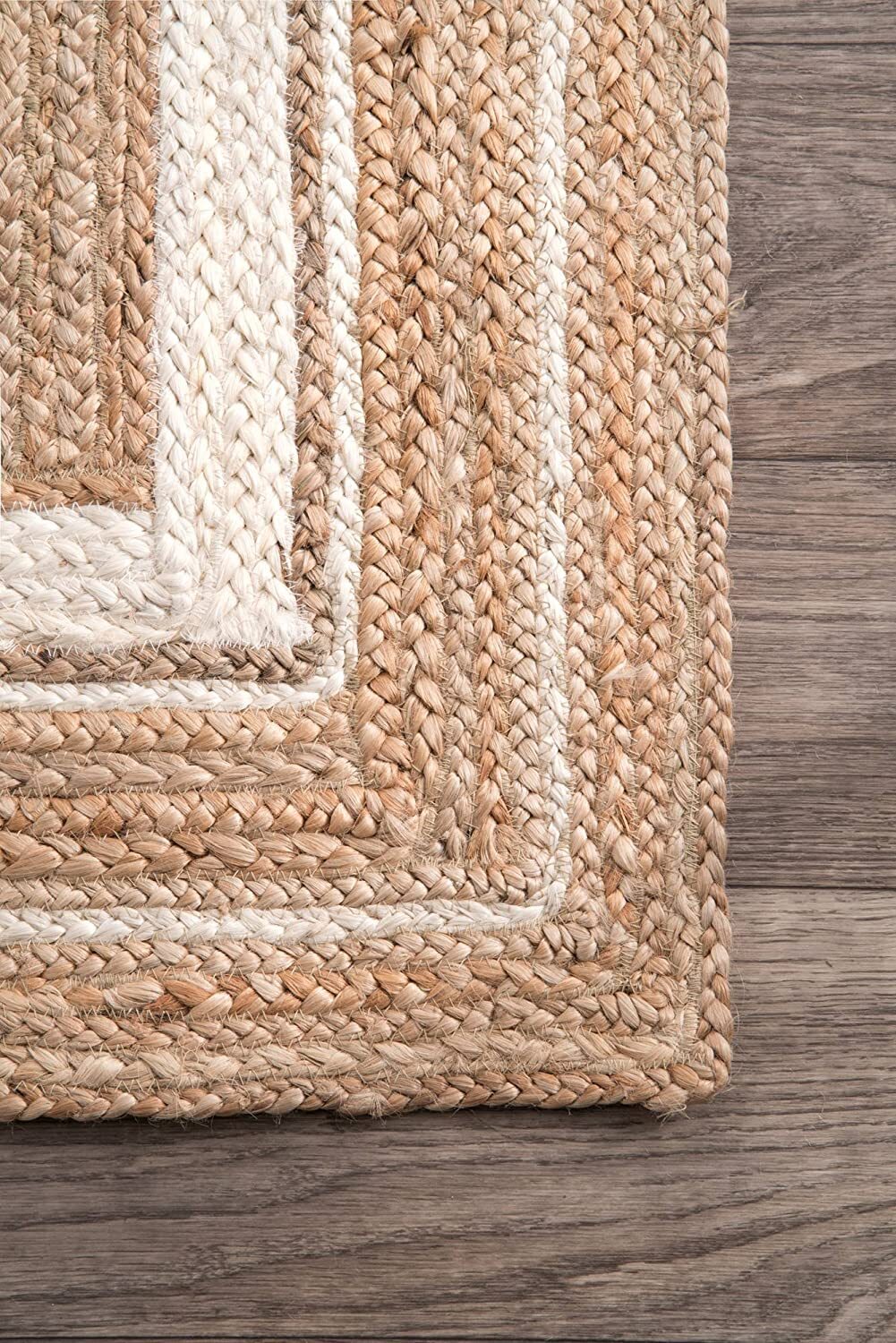 100% Natural Jute Rug Braided Rectangle Area Rug for Living Room Beige White