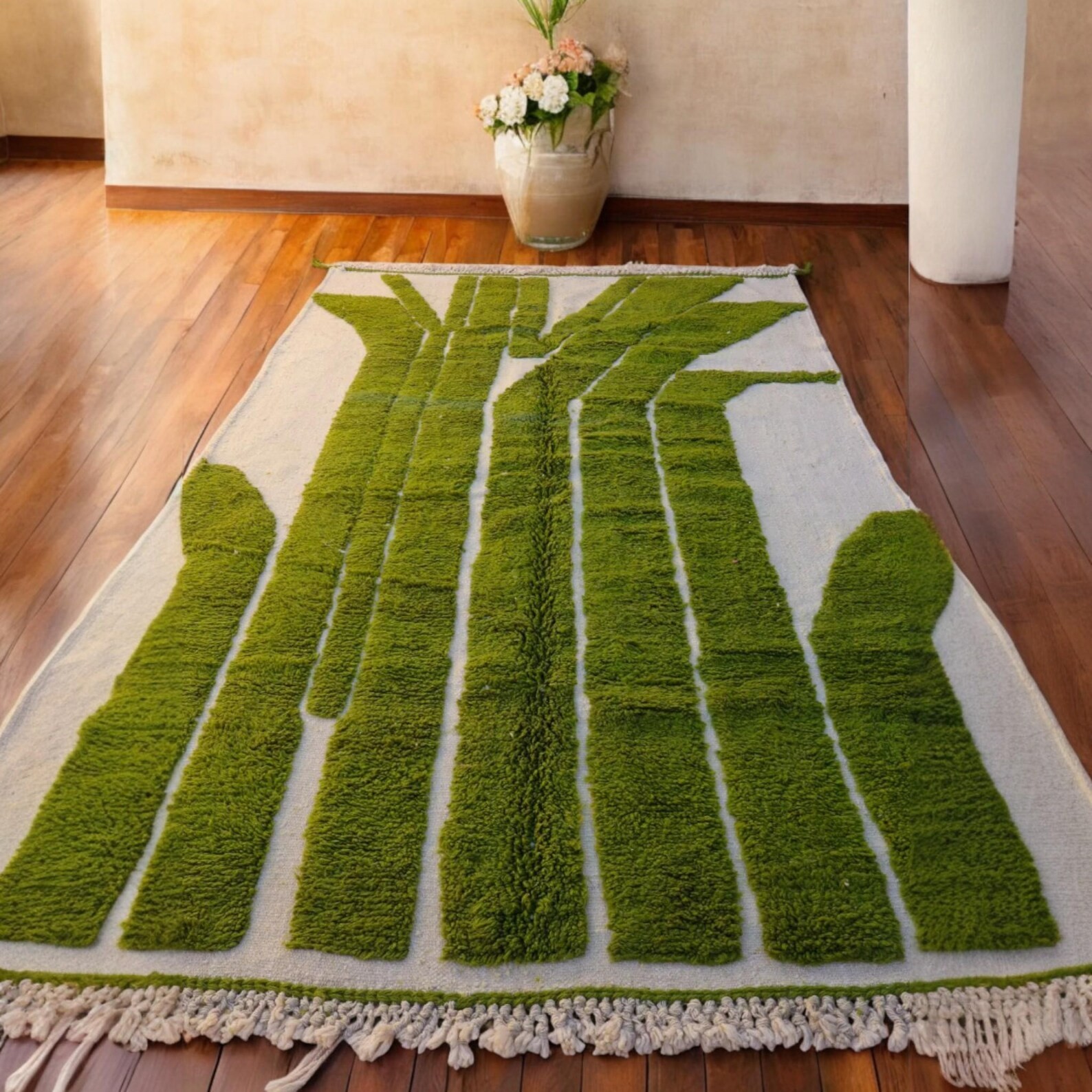 Hand Knotted Moroccan Berber Wool Rug Color Green Handmade Design Carpet Rug