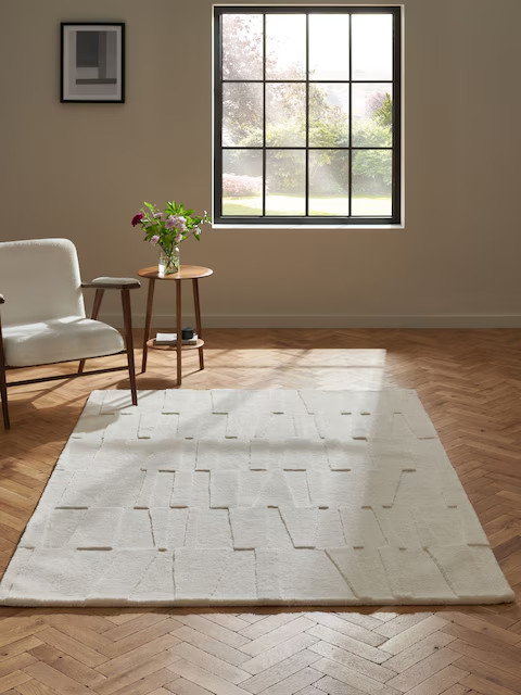 Modern White Tufted Wool Rug Abstract Handmade Area Carpet Decor
