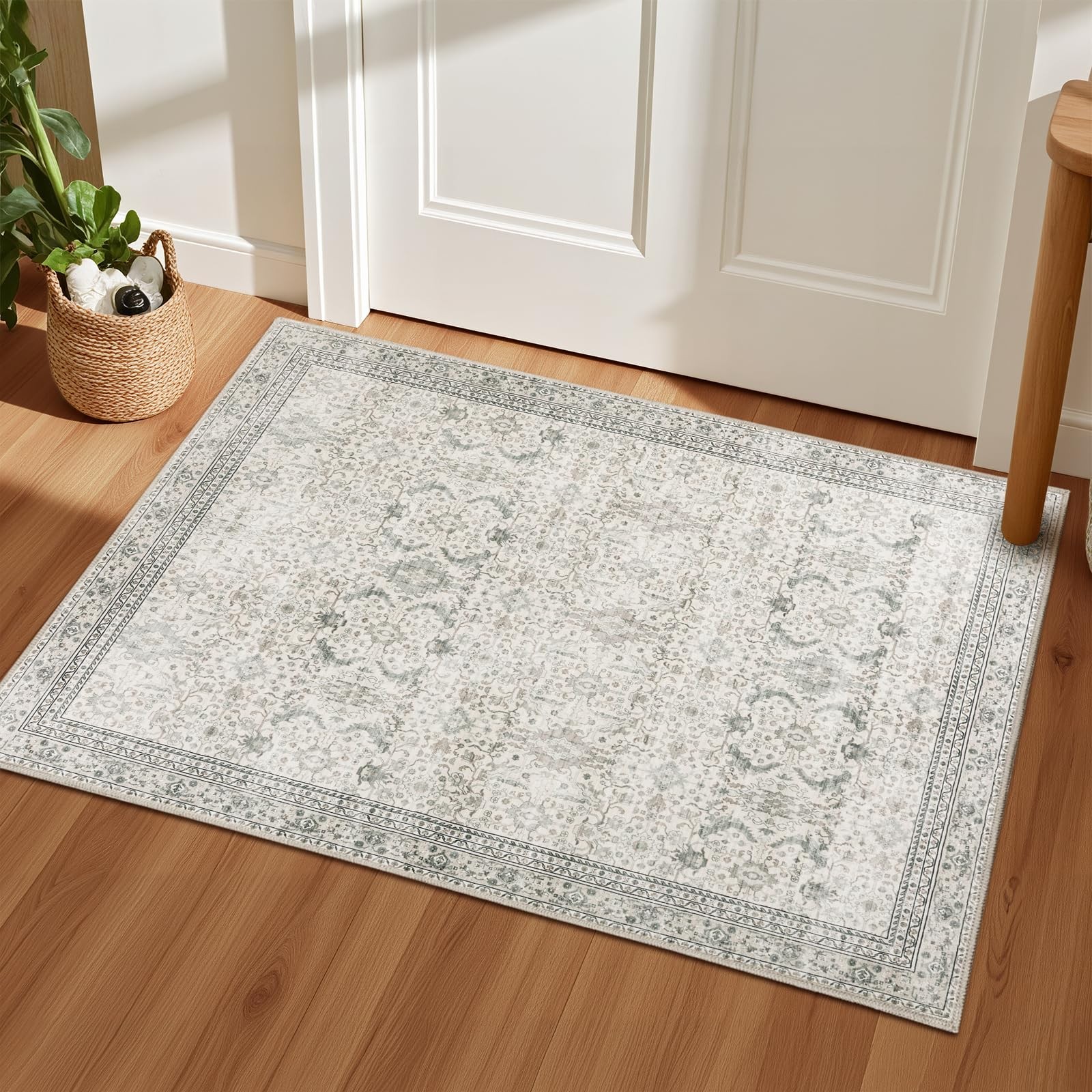 2×3 Washable Rug Floral Beige, Indoor Entrance Door Mat, Kitchen Mats for Flo…