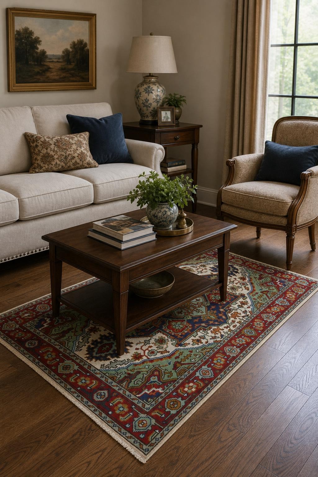Traditional 5×8 Ivory and Green Hand-Knotted Area Rug