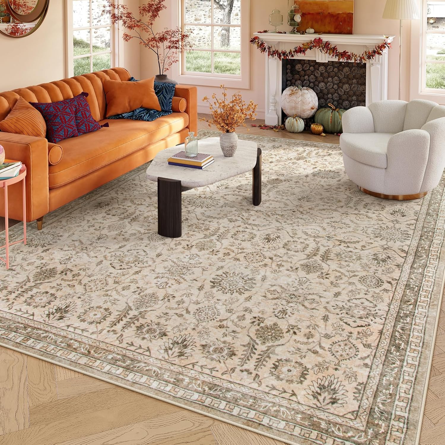 Mirae Boho Beige Fall Area Rug 8X10, Traditional Tan Floral Area Rugs for Bedroo