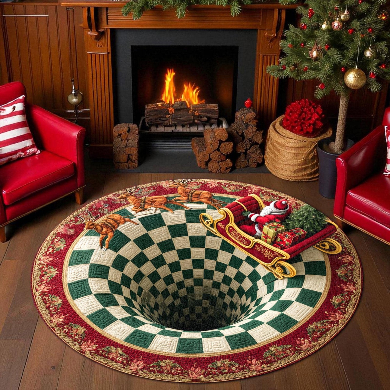 Christmas Round Rug Santa Sleigh Reindeer 3D Illusion Holiday Flooring Decor Mat