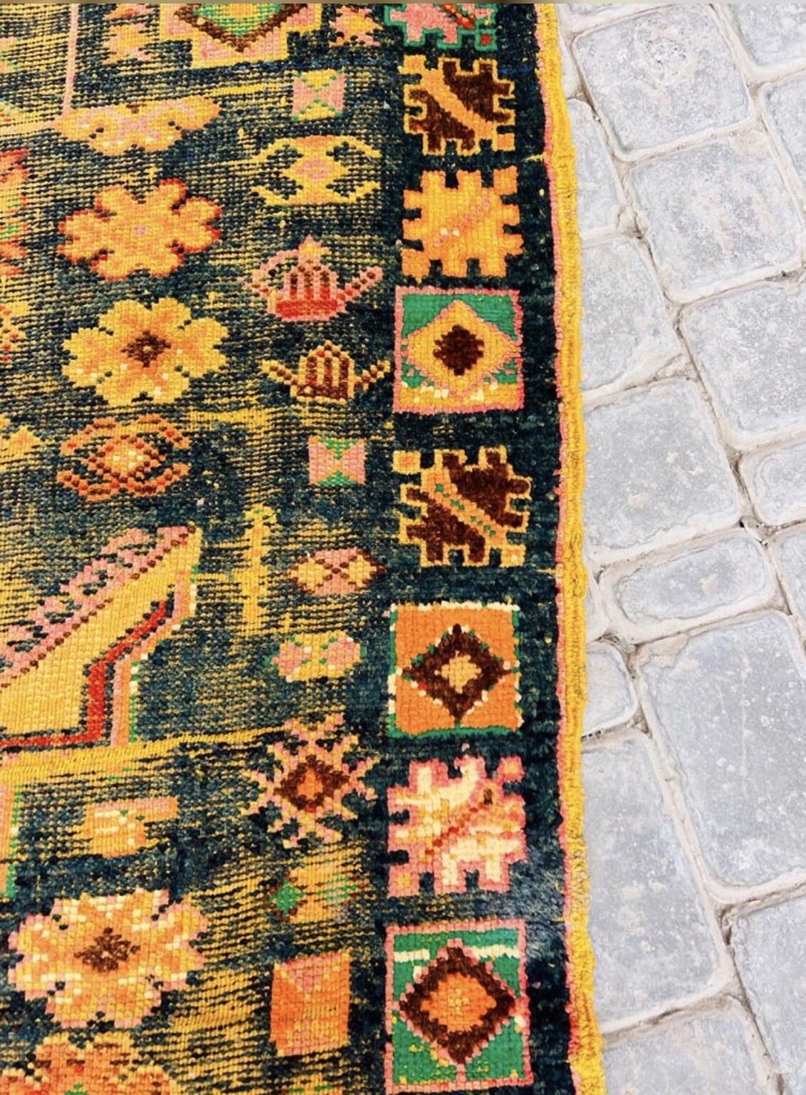 Vintage Mid century Moroccan Rug Tribal Taznacht Wool Saffron Indigo 11.5×5 ft