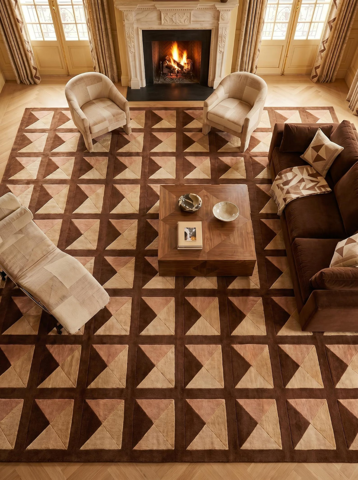 Handmade Geometric Tufted Rug, Modern Luxury Area Rug, Brown Terracotta Checkere