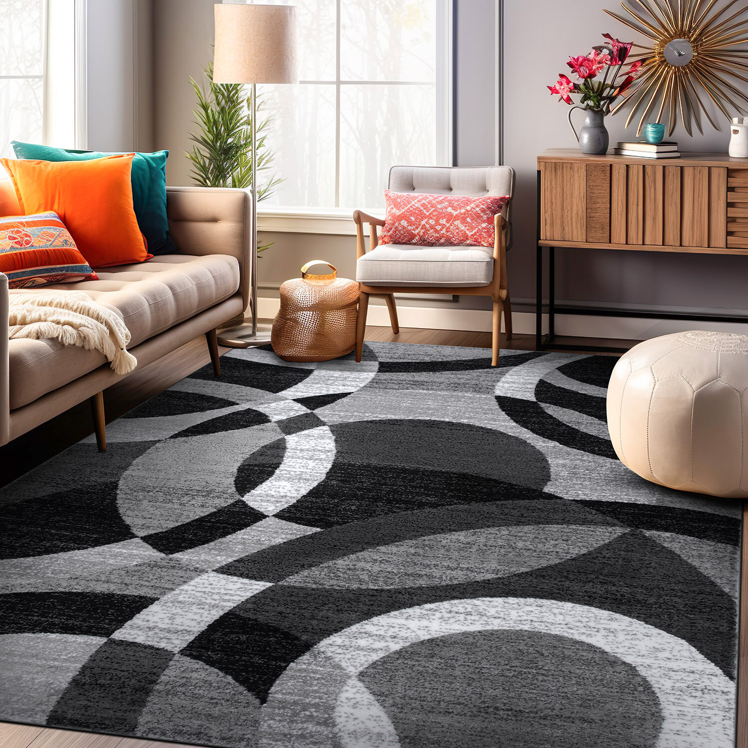 Rugshop Large Rugs Geometric Circles Carpet Rugs for Living Room Gray Rugs 8×10