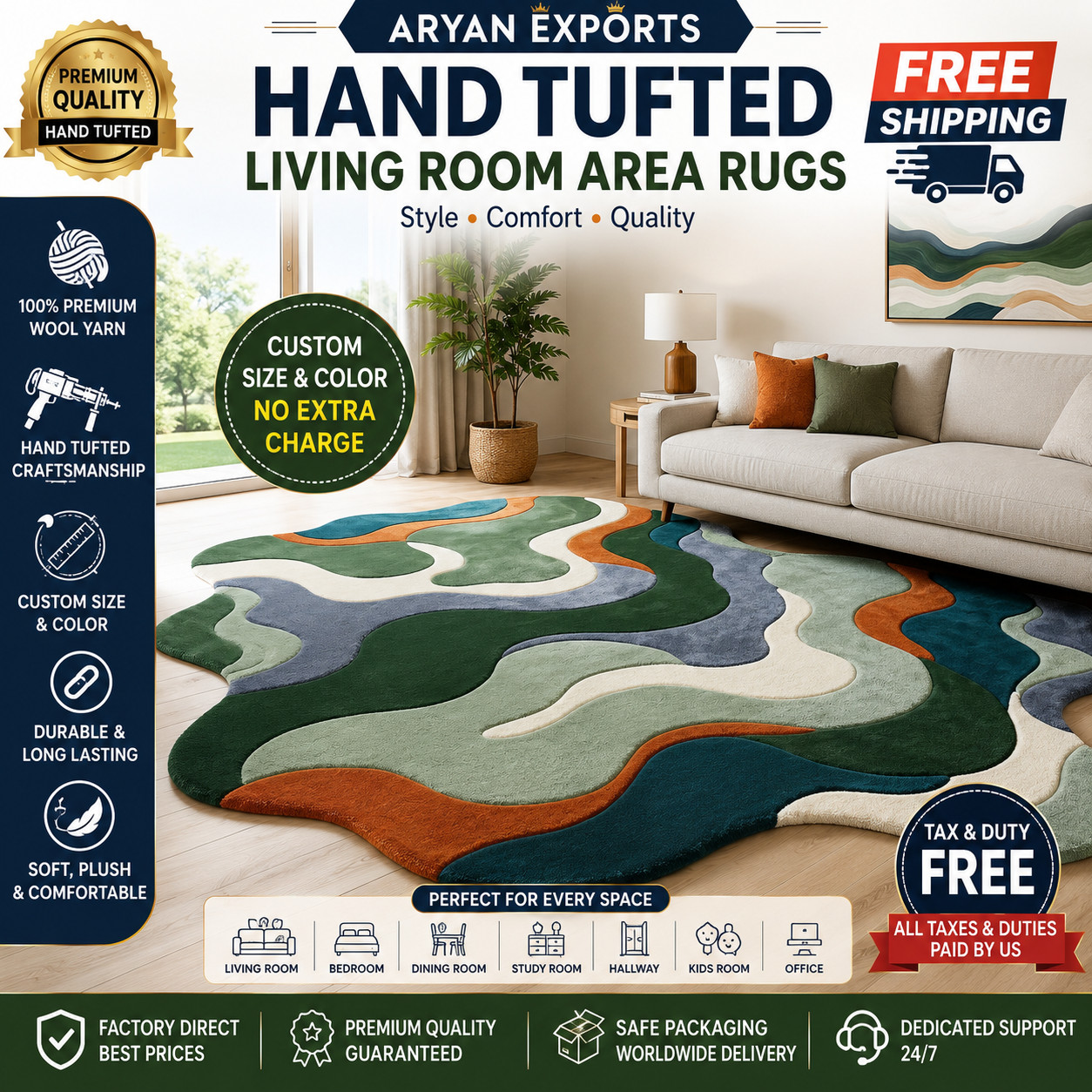 “8×10 Abstract Wavy Swirl Modern Large Area Rug Green Teal Rust Multicolor Wool”