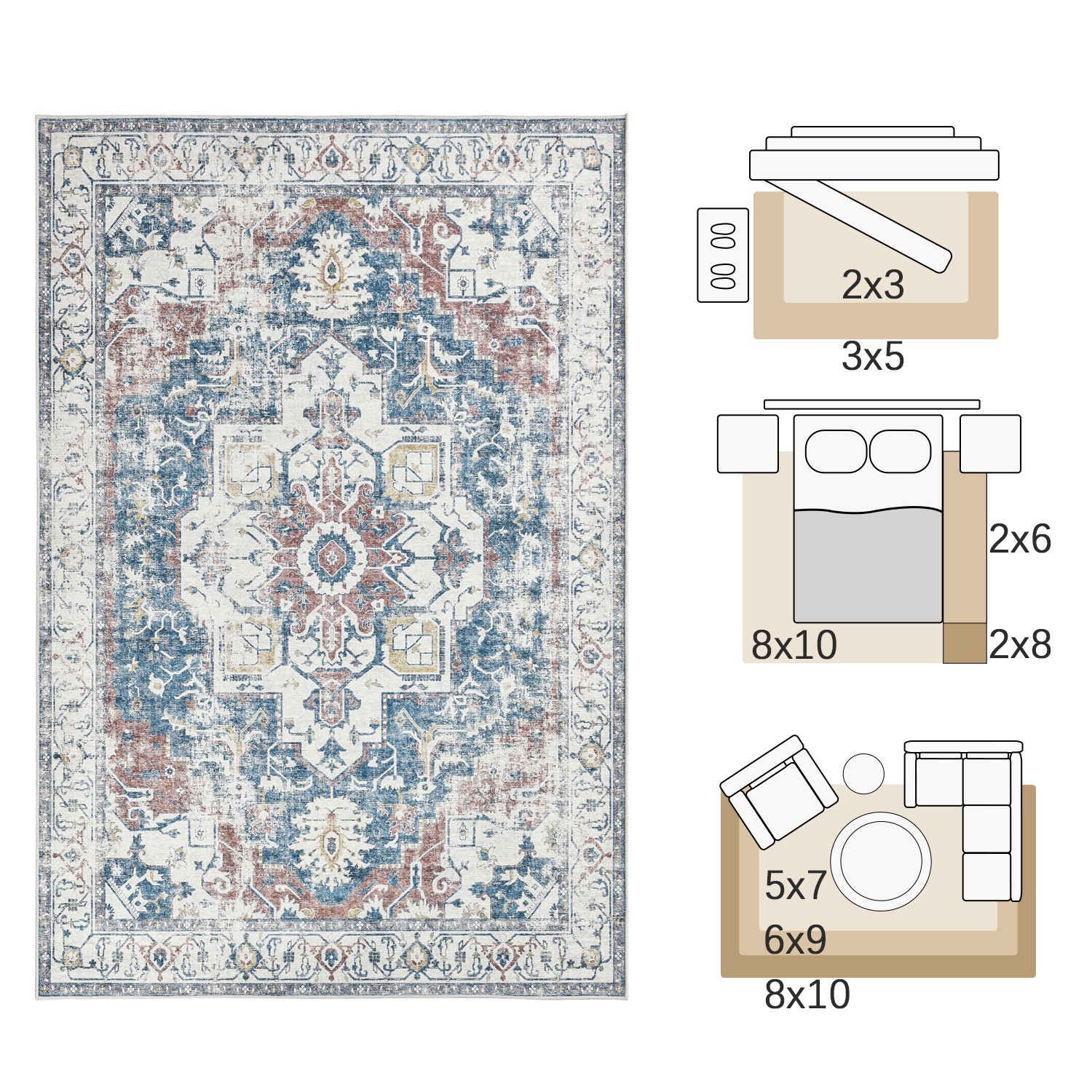 2×3 Kelda Area Rug Entryway Accent Rug Indoor Vintage Floor Mat Navy Blue