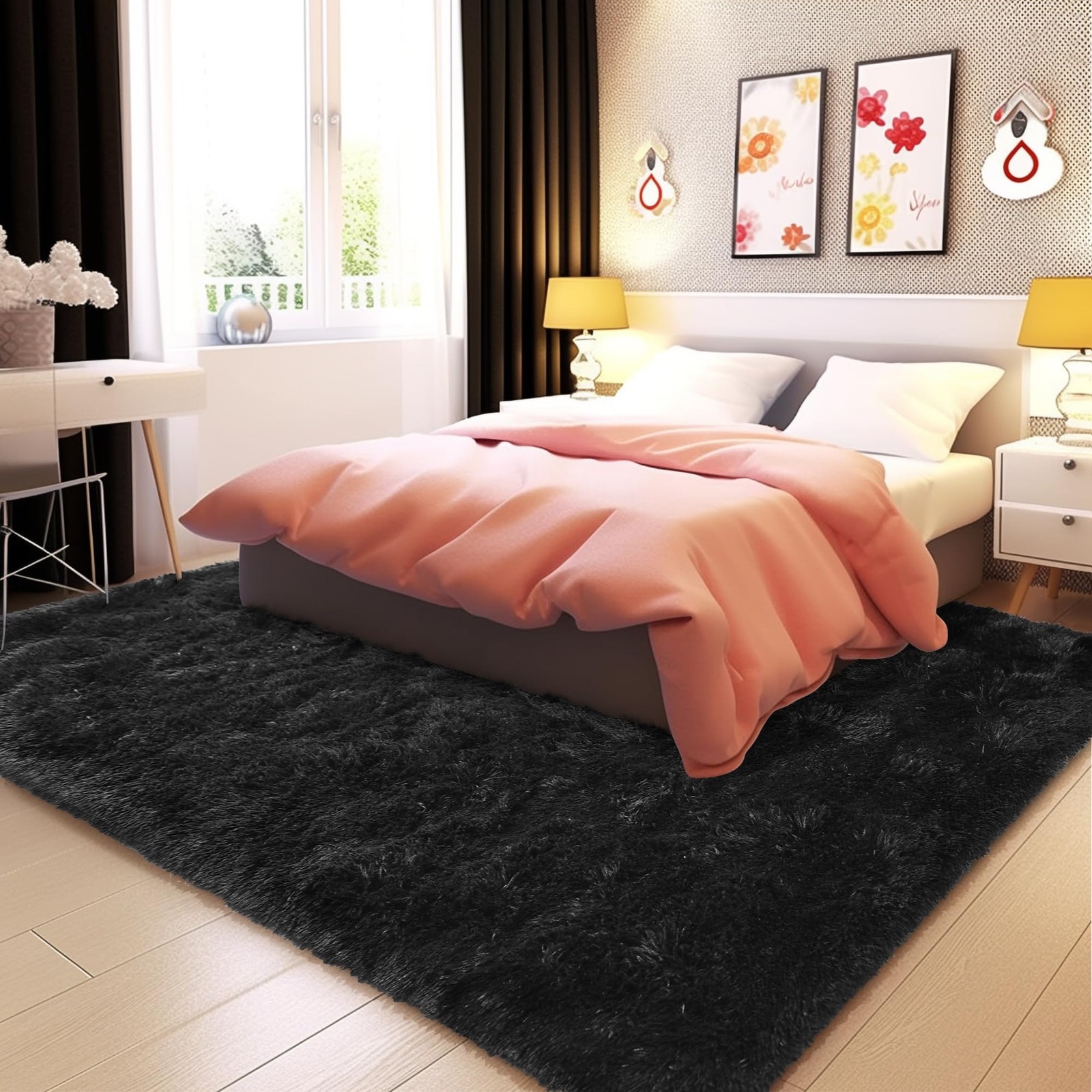 Awaytail Fluffy Rug Flame Resistant 5×7 Feet, Black Throw Rugs for Living Room