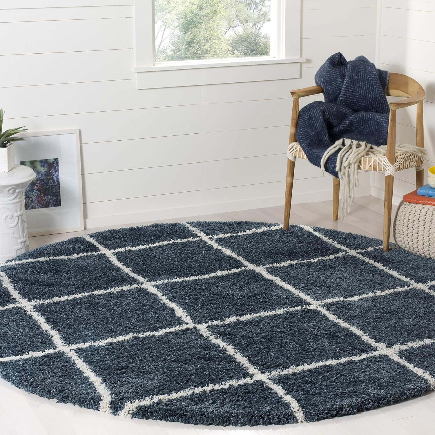 SAFAVIEH Hudson Shag Collection 3′ round Slate Blue/Ivory SGH281L Modern Diamond