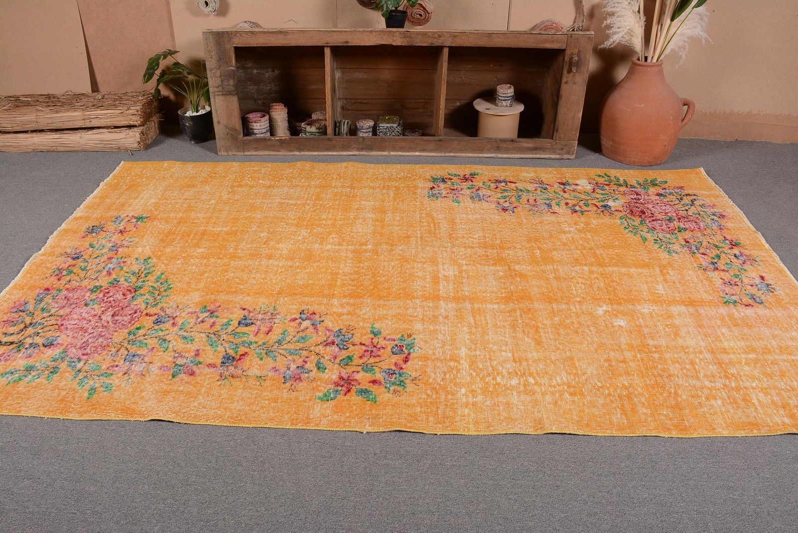 5,6×9,4 ft Large Turkish Rug, Vintage Rug, Yellow Red Ikat Wool Rug