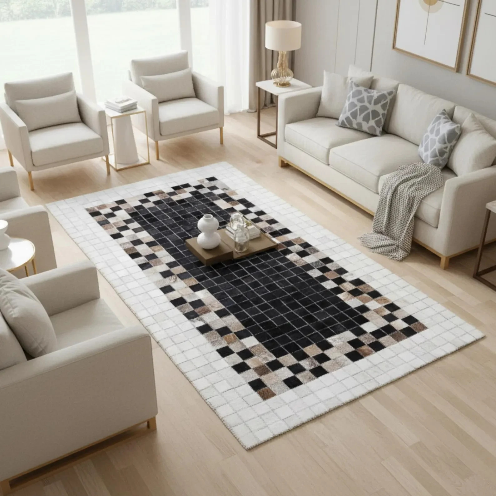 Handmade Cowhide Leather Patchwork Rug Black White Modern Area Rug Living Room