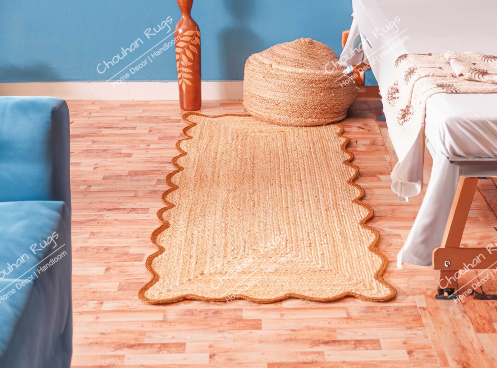 Natural Runner Rug with Orange Border handmade Jute rug for kitchen, Home Decor