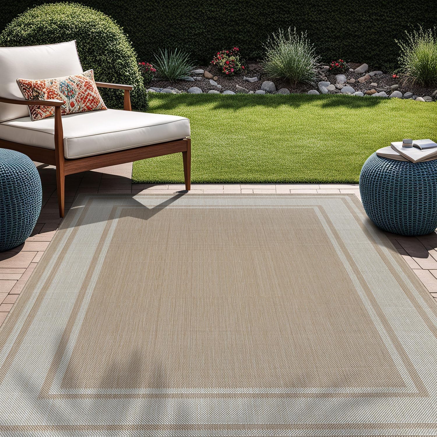 Durable Outdoor Rug 5×7 Beige Machine Made Easy Clean for Kids and Pets