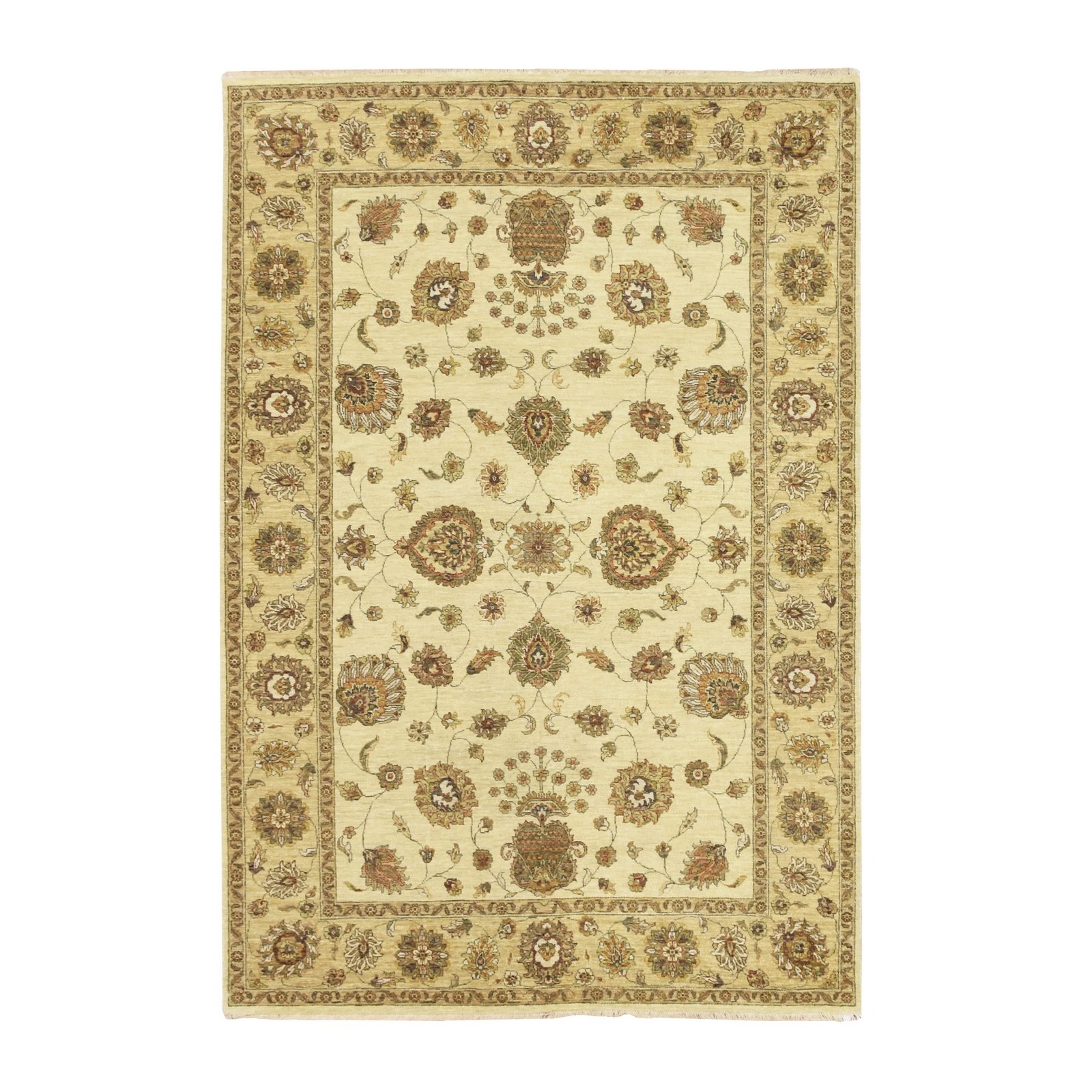 5’5″x8′ Linen White Agra Colorful Leaf Pattern Hand Knotted Pure Wool Rug R76355