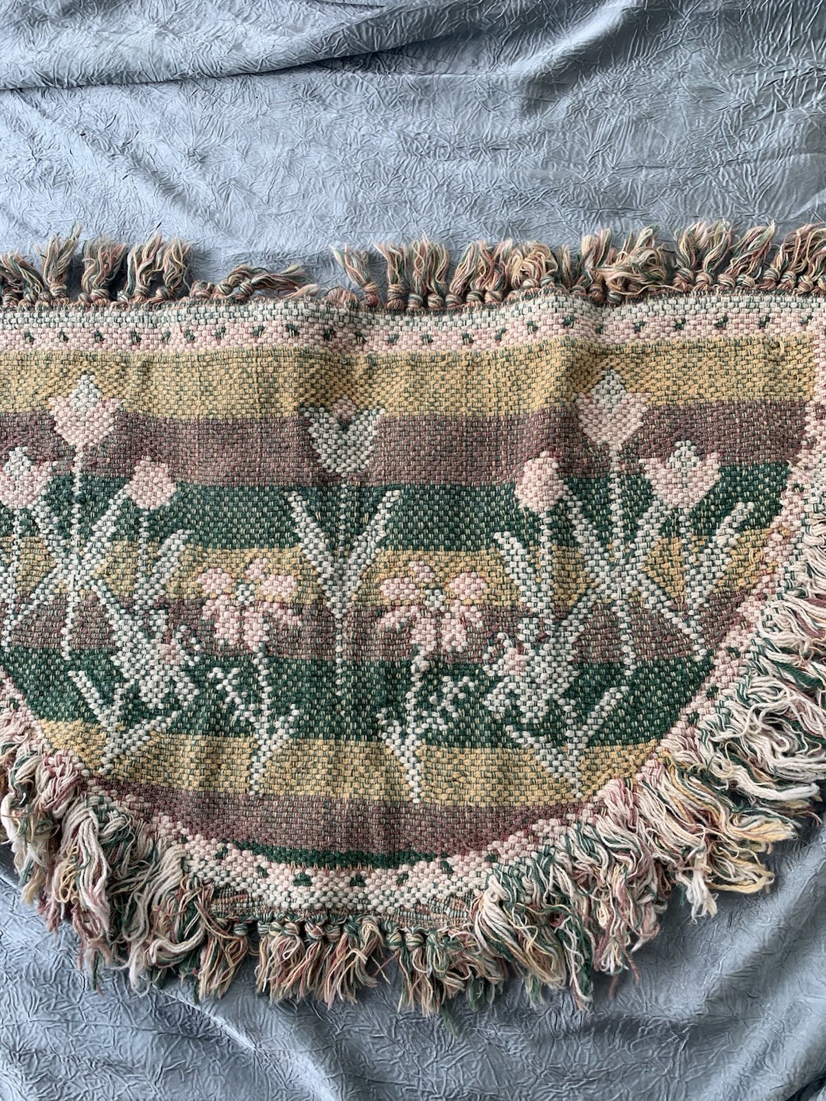 Vintage Retro Semi Circle Woven Tulip Pattern With Fringe Entryway Rug