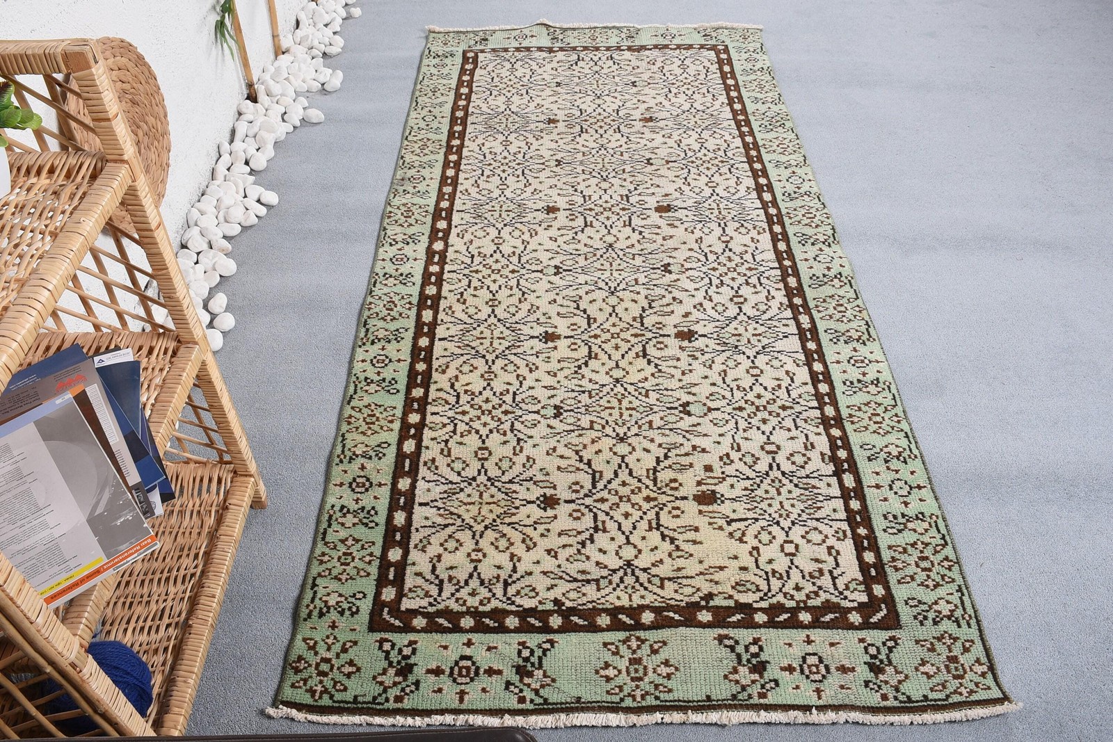 Turkish Vintage Area Rug 3,4×7,3 ft, Beige Green Camouflage Rug