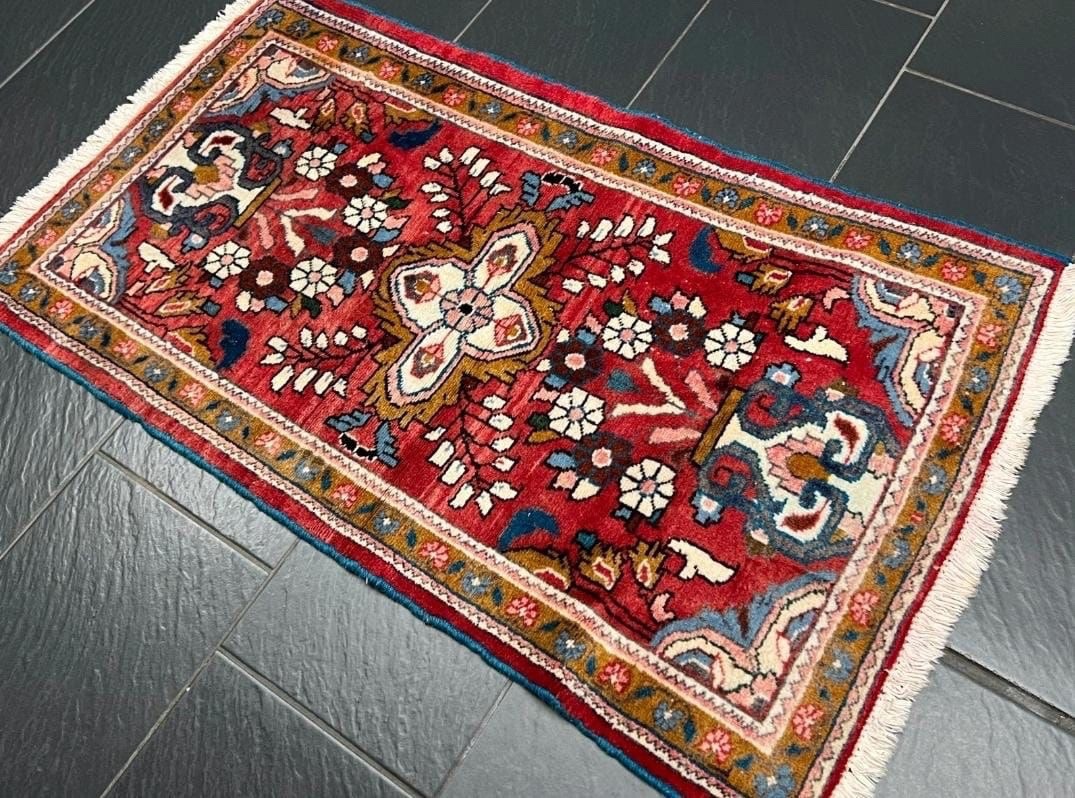 Authentic Hamadan Rug 2’ x 4’ | Hand-Knotted Tribal Wool | Scarlet, Gold & Teal
