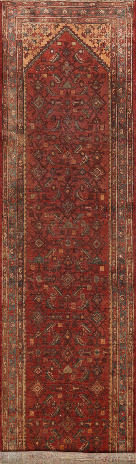 Antique Geometric Malayer Runner Rug 4×14 Wool Hand-knotted Hallway Carpet