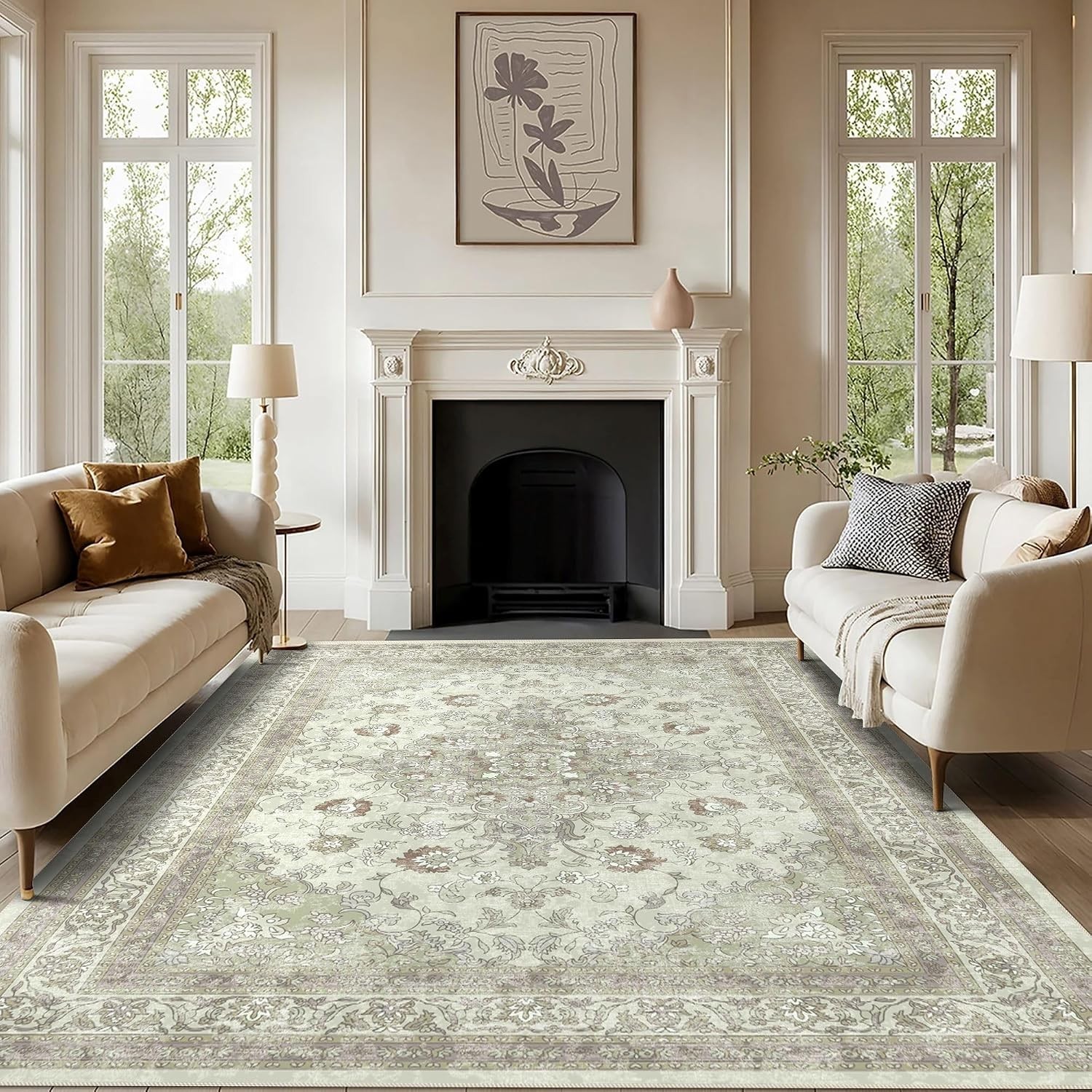 Elegant Sage Green 5×7 Washable Rug – Non-Slip, Stain Resistant for Pets & Kids